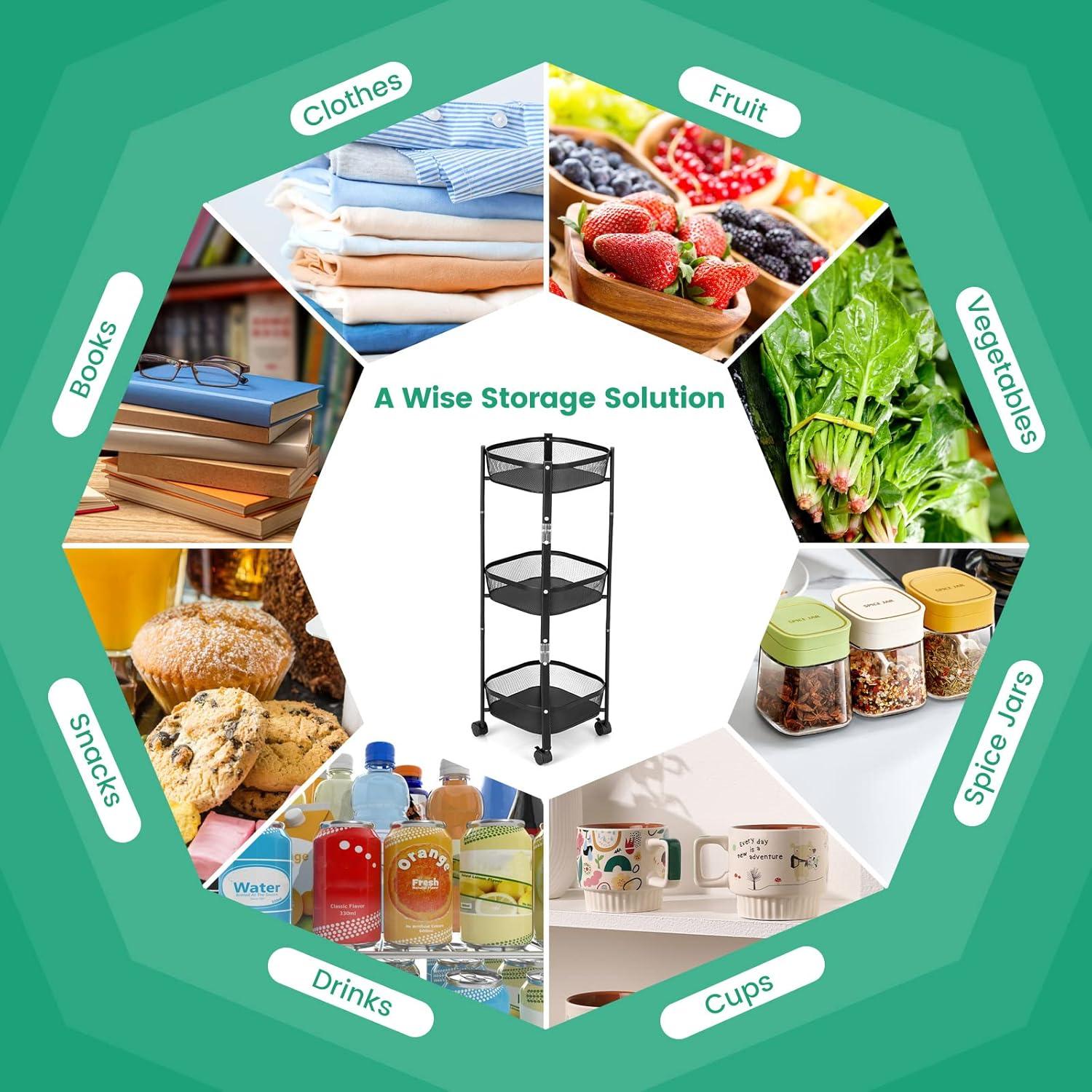 image:imageGiantex 3Tier Fruit Vegetable Basket with Rollers 35 Tall No Assembly Required Metal Wire Storage Organizer Trolley Cart ToolFree Assembly OneSecond Folding Utility Cart with WheelsBlacksquare
