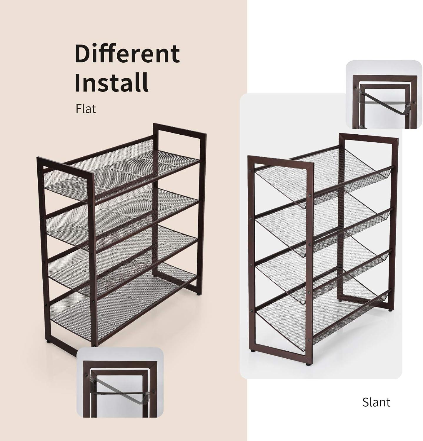 image:imageGiantex 3Tier Metal Shoe Rack Shoe Storage Organizer with Adjustable Angled or Flat Mesh Shelf for 9 to 12 Pairs of Shoes Freestanding Shoe Shelf for Bedroom Entryway Closet Hallway4Tier