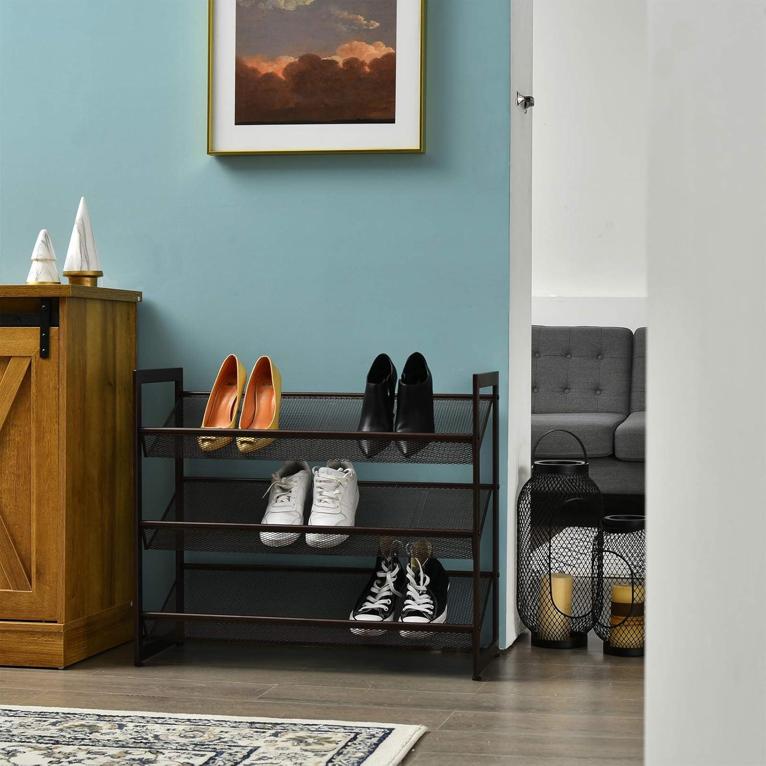image:imageGiantex 3Tier Metal Shoe Rack Shoe Storage Organizer with Adjustable Angled or Flat Mesh Shelf for 9 to 12 Pairs of Shoes Freestanding Shoe Shelf for Bedroom Entryway Closet Hallway3Tier