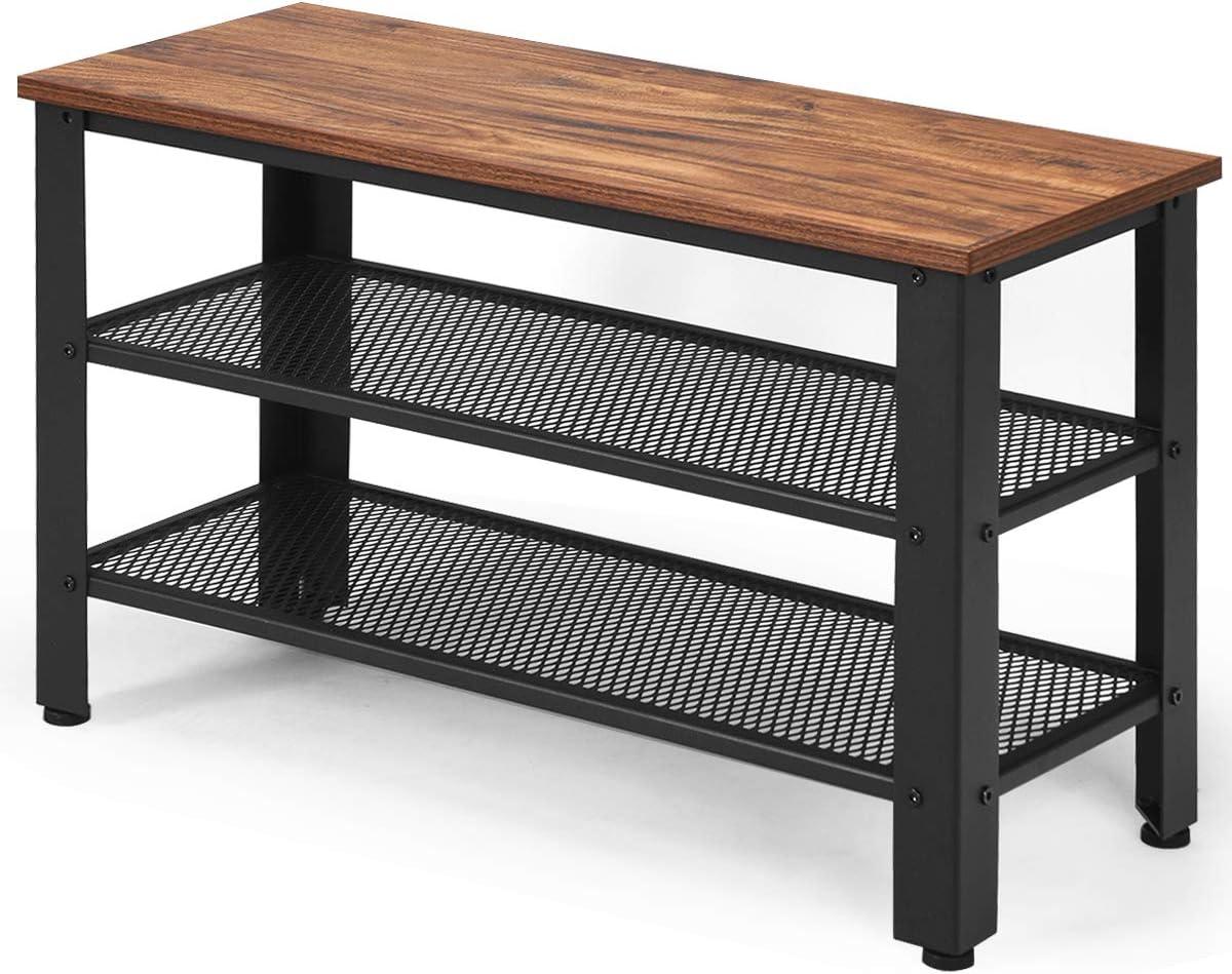 image:imageGiantex 3Tier Shoe Rack Bench Industrial Shoe Bench with 2 Mesh Storage Shelves amp Seat for Entryway Front Door Garage Shoe Storage Rustic BrownRustic Brown