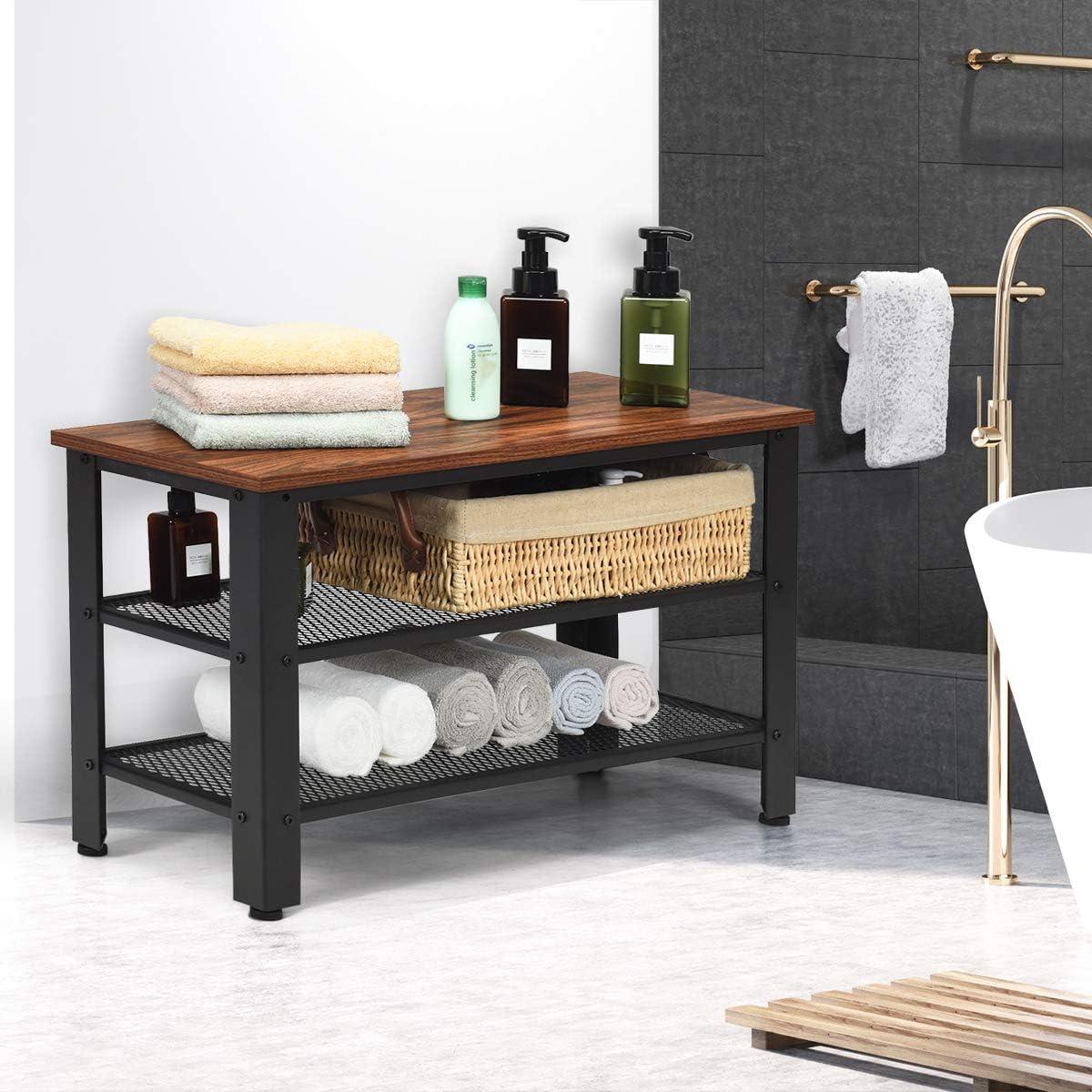 image:imageGiantex 3Tier Shoe Rack Bench Industrial Shoe Bench with 2 Mesh Storage Shelves amp Seat for Entryway Front Door Garage Shoe Storage Rustic BrownRustic Brown