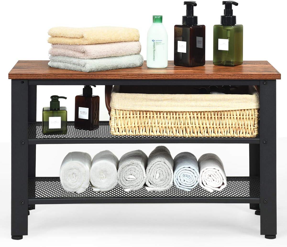 image:imageGiantex 3Tier Shoe Rack Bench Industrial Shoe Bench with 2 Mesh Storage Shelves amp Seat for Entryway Front Door Garage Shoe Storage Rustic BrownRustic Brown