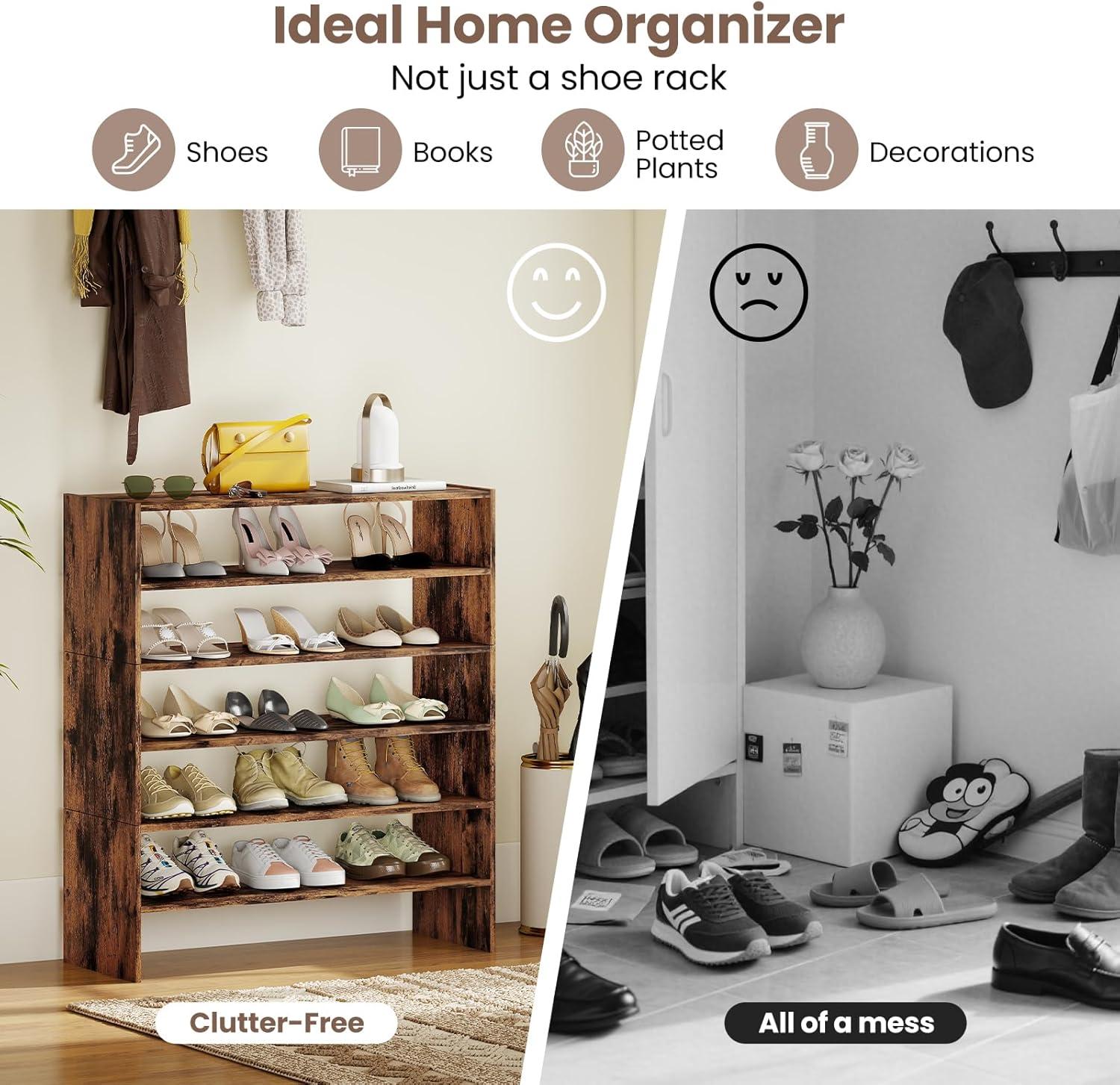 image:imageGiantex 3in1 Vertical Shoe Rack 6Tier Free Standing Shoe Storage Organizer wStackable Design for 18 Pairs 31 Inch Wide Wood Shoe Shelf for Closet Entryway Living Room Office WhiteBrown