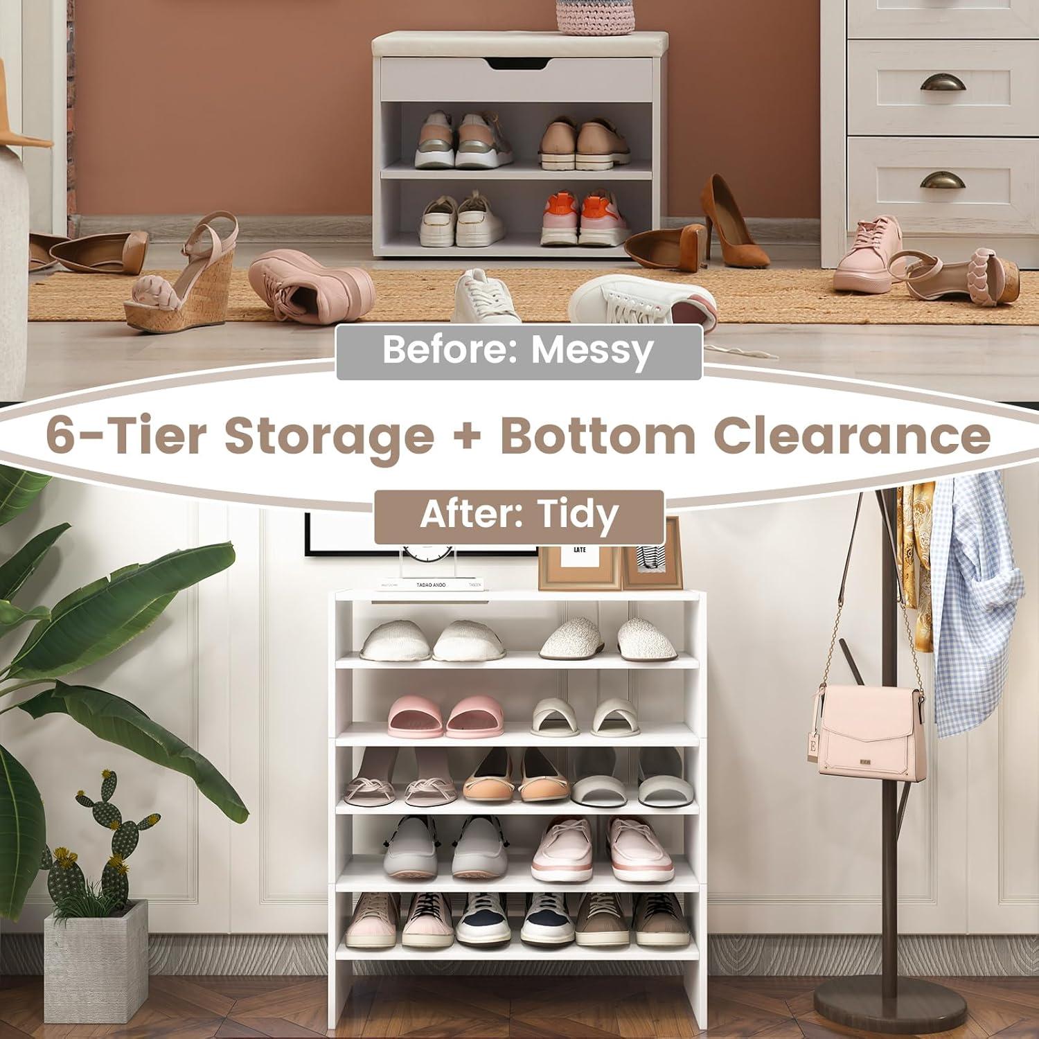 image:imageGiantex 3in1 Vertical Shoe Rack 6Tier Free Standing Shoe Storage Organizer wStackable Design for 18 Pairs 31 Inch Wide Wood Shoe Shelf for Closet Entryway Living Room Office WhiteWhite