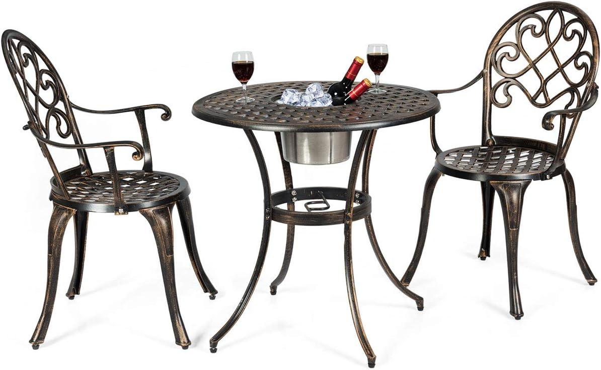 image:imageGiantex 3pcs Bistro Table Set Cast Aluminum Outdoor Patio Furniture Set Round Table WRemovable Ice Bucket 2 Chairs Antique Garden Furniture Weather Resistant Antique BronzeBronze