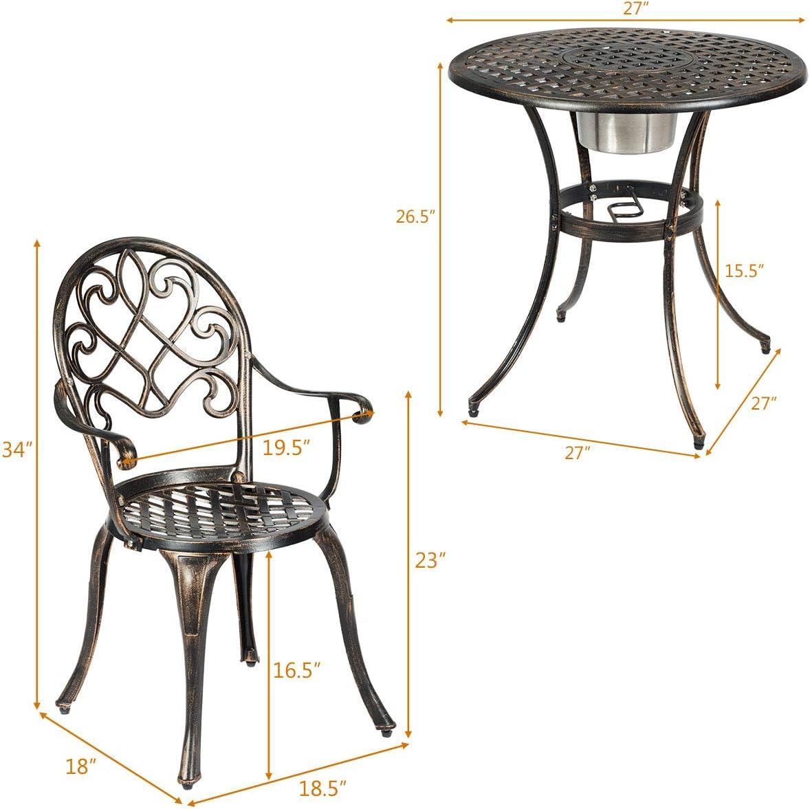 image:imageGiantex 3pcs Bistro Table Set Cast Aluminum Outdoor Patio Furniture Set Round Table WRemovable Ice Bucket 2 Chairs Antique Garden Furniture Weather Resistant Antique BronzeBronze