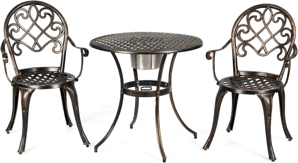 image:imageGiantex 3pcs Bistro Table Set Cast Aluminum Outdoor Patio Furniture Set Round Table WRemovable Ice Bucket 2 Chairs Antique Garden Furniture Weather Resistant Antique BronzeBronze