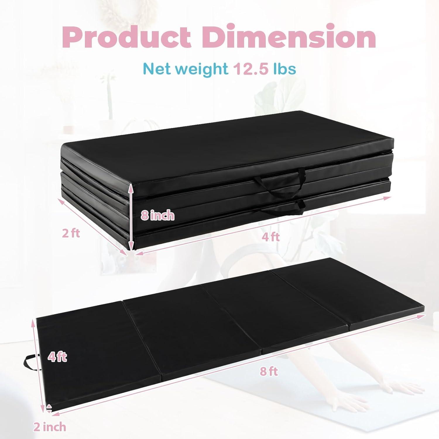 image:imageGiantex 4 x 8 x 2 Gymnastics Mat Folding Tumbling Mat with Carry Handles Detachable PU Leather Cover for Yoga Stretching Aerobics Core Workouts Foldable Exercise Mat for Home Gym Fitness Black