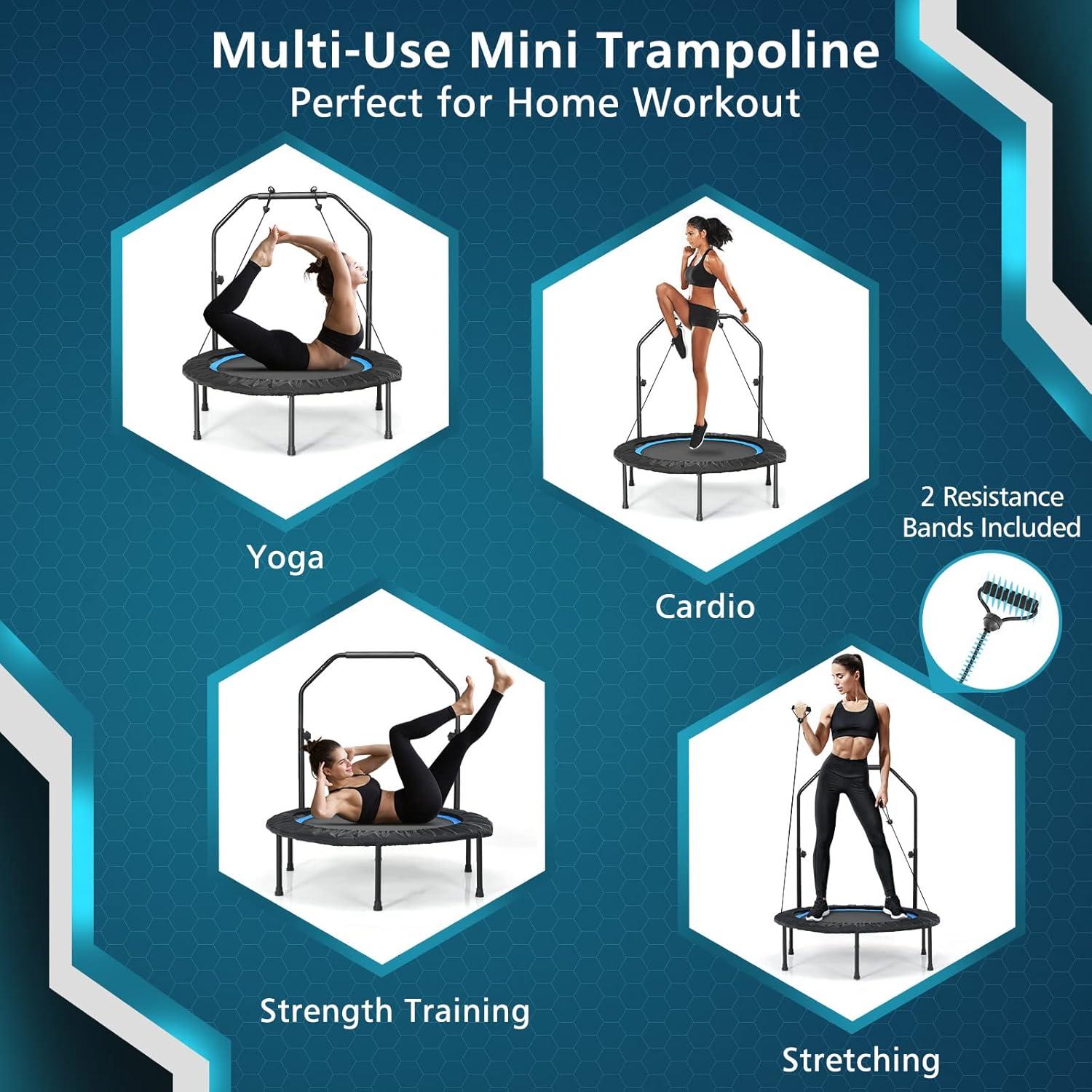 image:imageGiantex 40 Foldable Mini Trampoline Indoor Fitness Trampoline with 425515 Height Adjustable Handle Resistance Bands Rebounder Exercise Trampoline for Adults KidsBlue