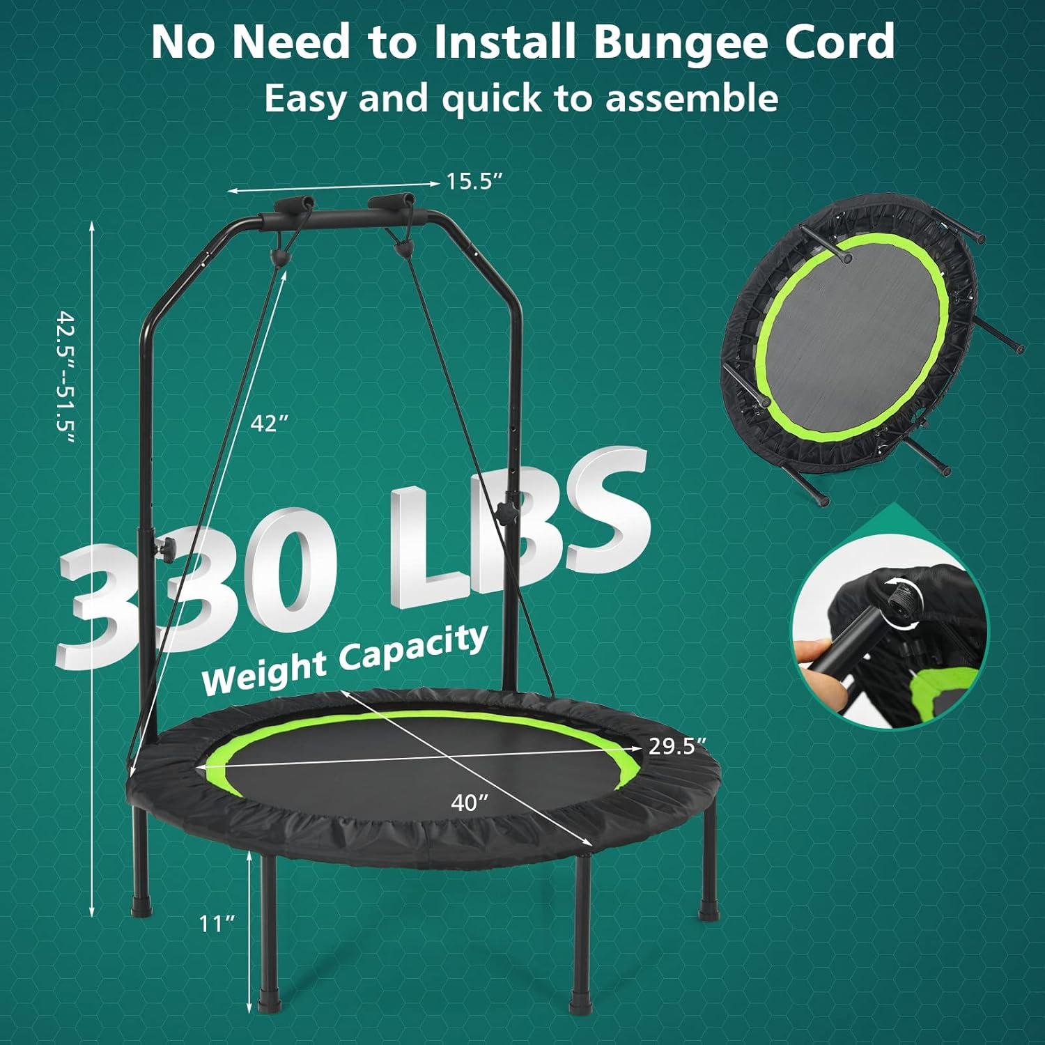 image:imageGiantex 40 Foldable Mini Trampoline Indoor Fitness Trampoline with 425515 Height Adjustable Handle Resistance Bands Rebounder Exercise Trampoline for Adults KidsGreen