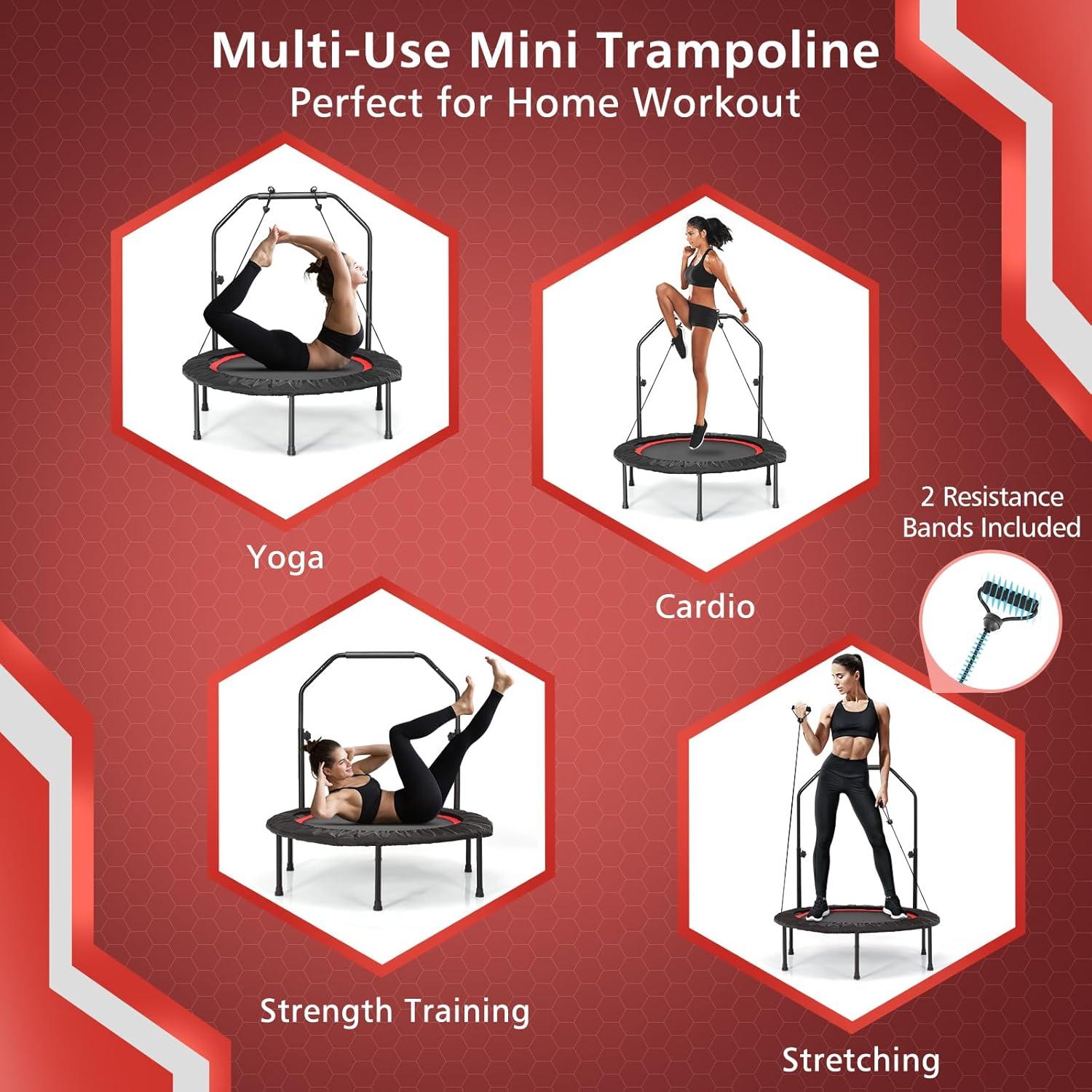image:imageGiantex 40 Foldable Mini Trampoline Indoor Fitness Trampoline with 425515 Height Adjustable Handle Resistance Bands Rebounder Exercise Trampoline for Adults KidsRed
