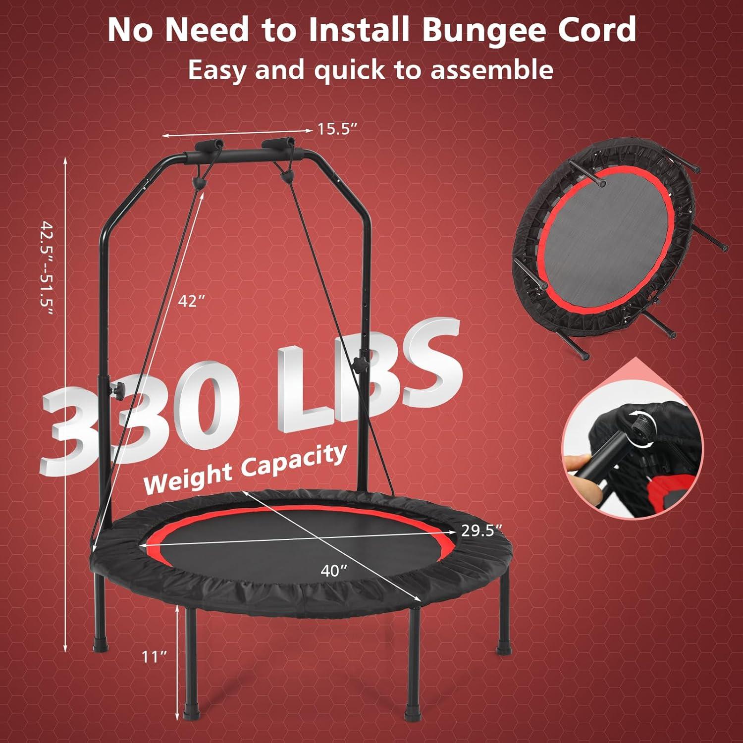 image:imageGiantex 40 Foldable Mini Trampoline Indoor Fitness Trampoline with 425515 Height Adjustable Handle Resistance Bands Rebounder Exercise Trampoline for Adults KidsRed