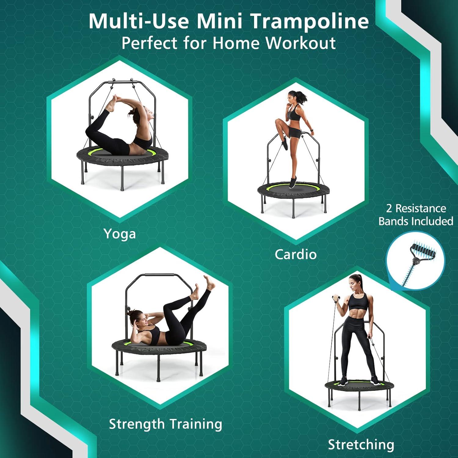 image:imageGiantex 40 Foldable Mini Trampoline Indoor Fitness Trampoline with 425515 Height Adjustable Handle Resistance Bands Rebounder Exercise Trampoline for Adults KidsGreen