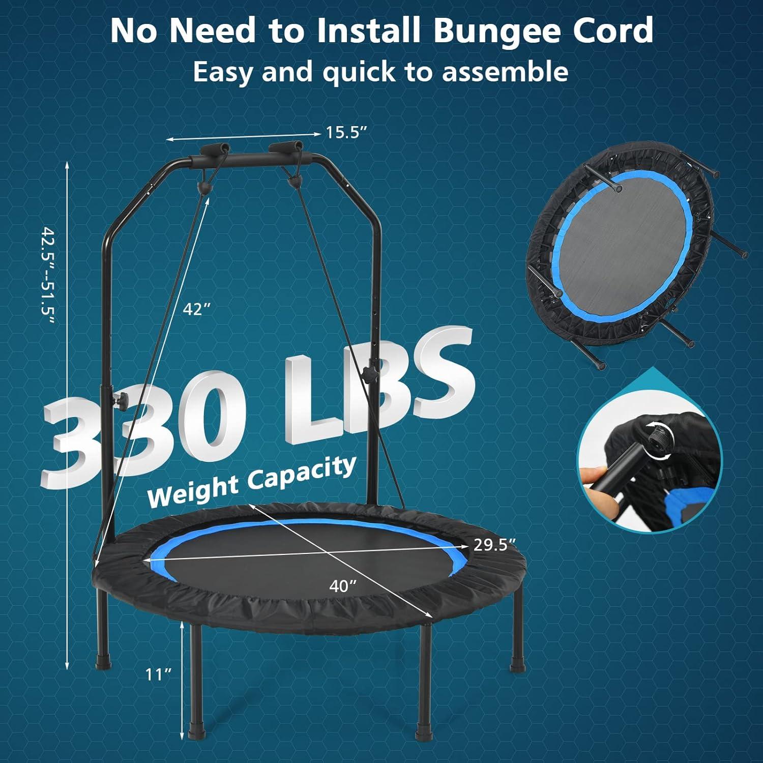 image:imageGiantex 40 Foldable Mini Trampoline Indoor Fitness Trampoline with 425515 Height Adjustable Handle Resistance Bands Rebounder Exercise Trampoline for Adults KidsBlue
