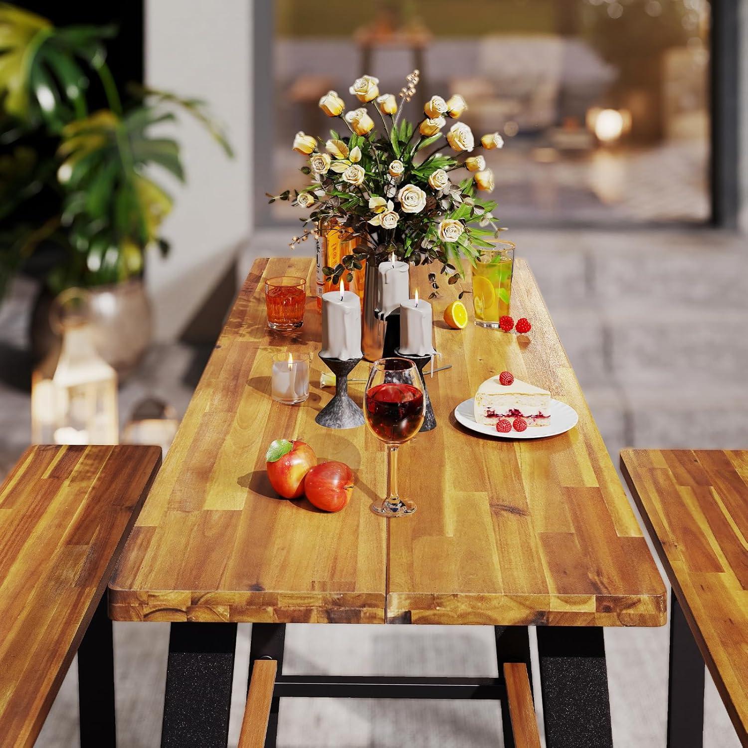 image:imageGiantex 45FT Picnic Table Bench Set for 4 Acacia Wood Outdoor Dining Table Set 2 Umbrella Hole Heavy Duty Metal Frame Footrest Bar Large Rectangular Tabletop for Porch Patio Lawn GardenRectangular