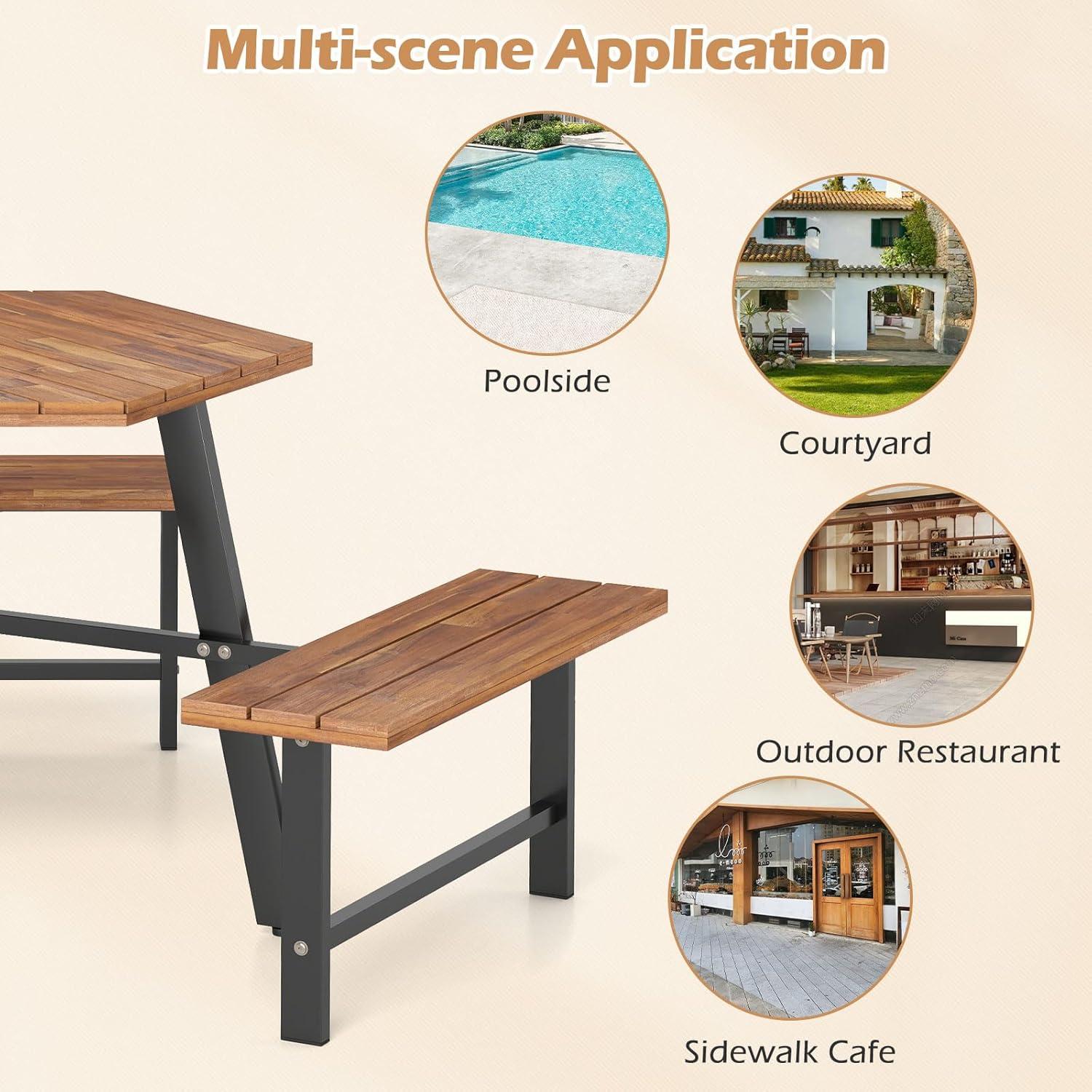 image:imageGiantex 45FT Picnic Table Bench Set for 4 Acacia Wood Outdoor Dining Table Set 2 Umbrella Hole Heavy Duty Metal Frame Footrest Bar Large Rectangular Tabletop for Porch Patio Lawn GardenHexagonal