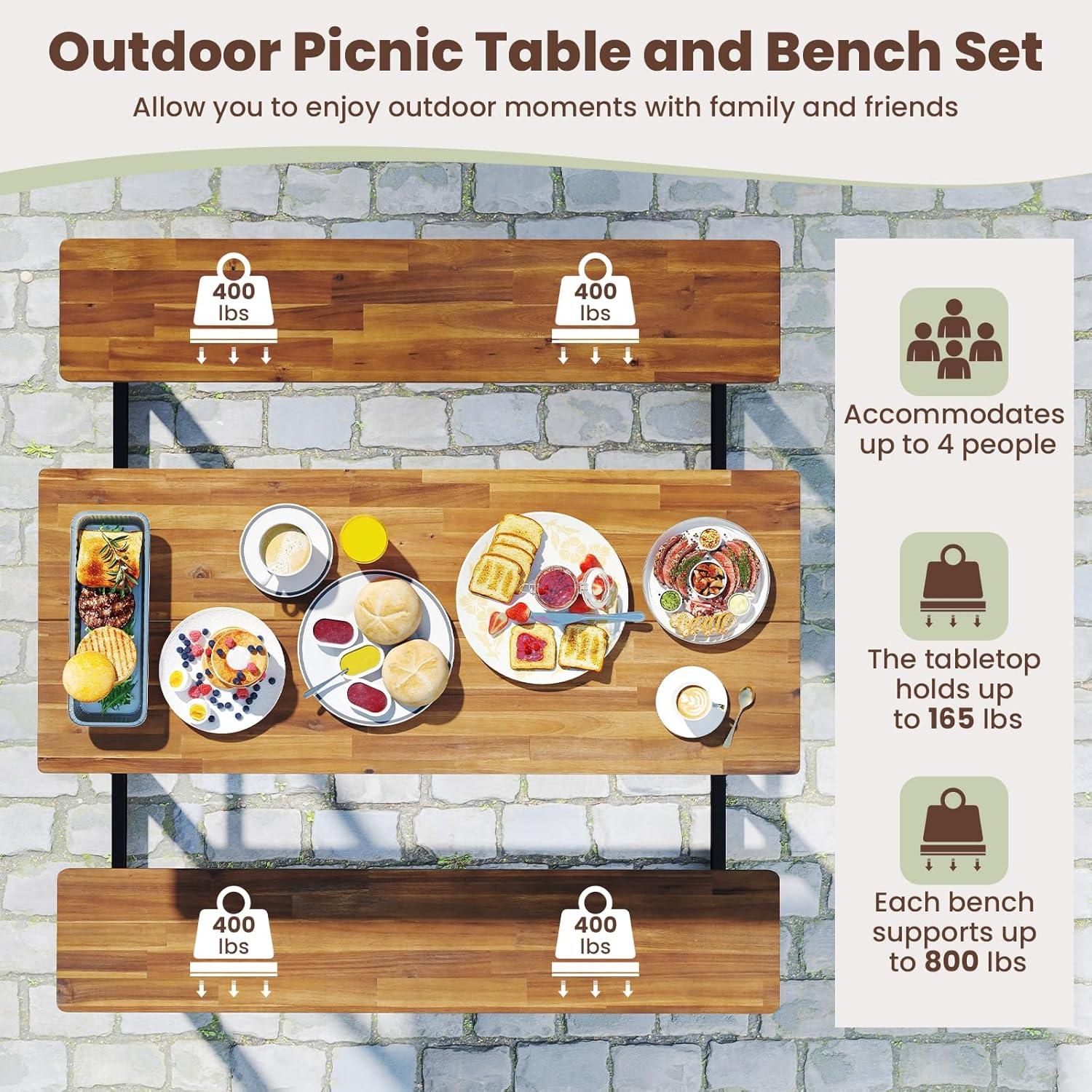 image:imageGiantex 45FT Picnic Table Bench Set for 4 Acacia Wood Outdoor Dining Table Set 2 Umbrella Hole Heavy Duty Metal Frame Footrest Bar Large Rectangular Tabletop for Porch Patio Lawn GardenRectangular