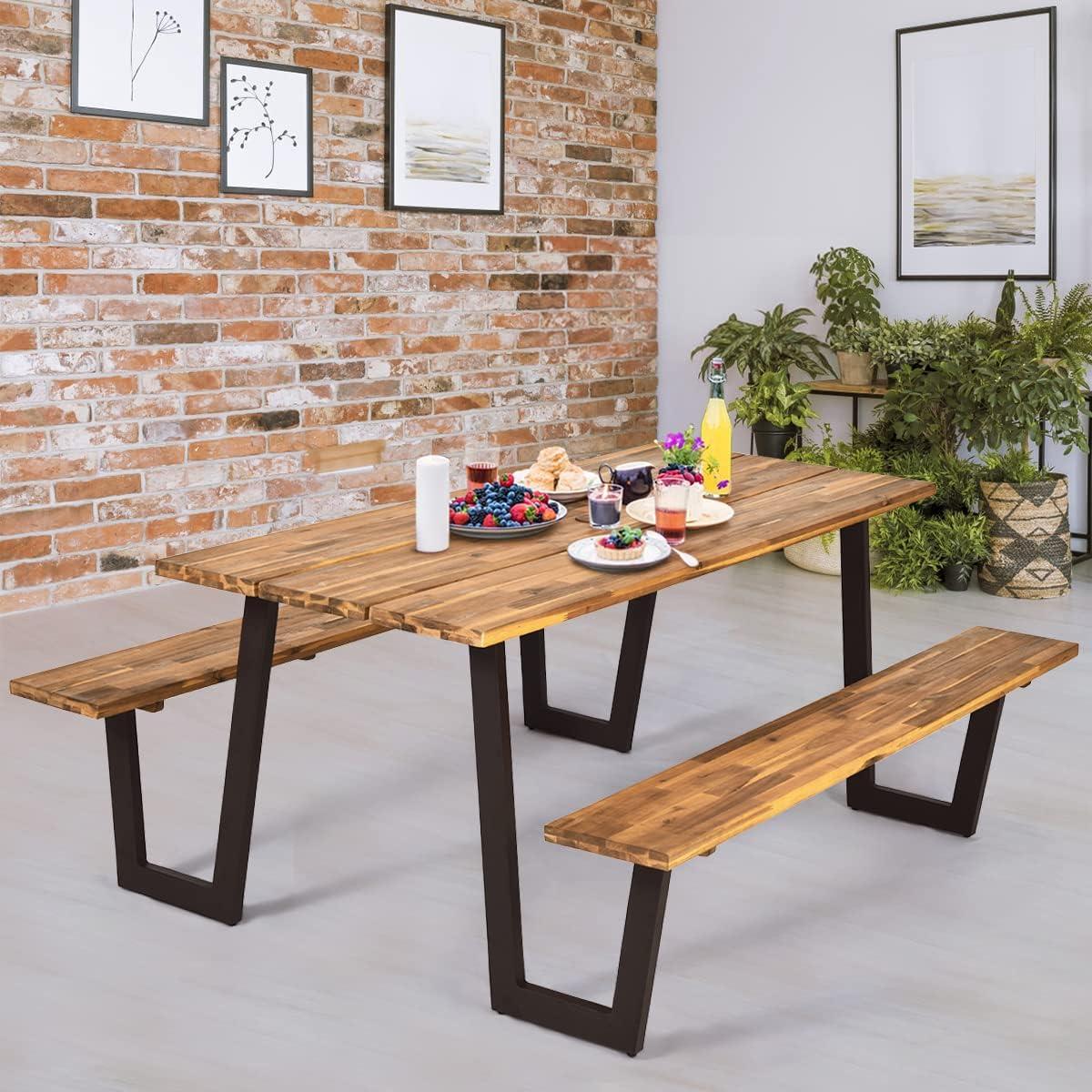 image:imageGiantex 45FT Picnic Table Bench Set for 4 Acacia Wood Outdoor Dining Table Set 2 Umbrella Hole Heavy Duty Metal Frame Footrest Bar Large Rectangular Tabletop for Porch Patio Lawn GardenRectangular