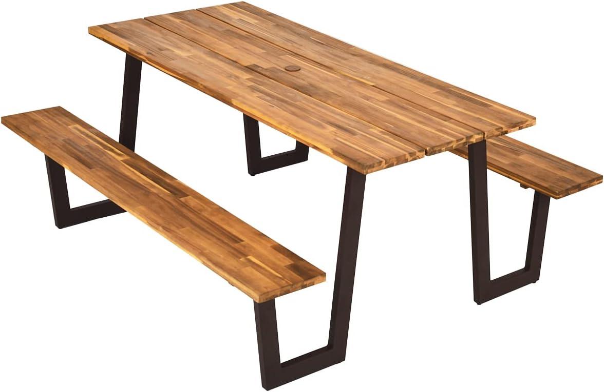 image:imageGiantex 45FT Picnic Table Bench Set for 4 Acacia Wood Outdoor Dining Table Set 2 Umbrella Hole Heavy Duty Metal Frame Footrest Bar Large Rectangular Tabletop for Porch Patio Lawn GardenRectangular