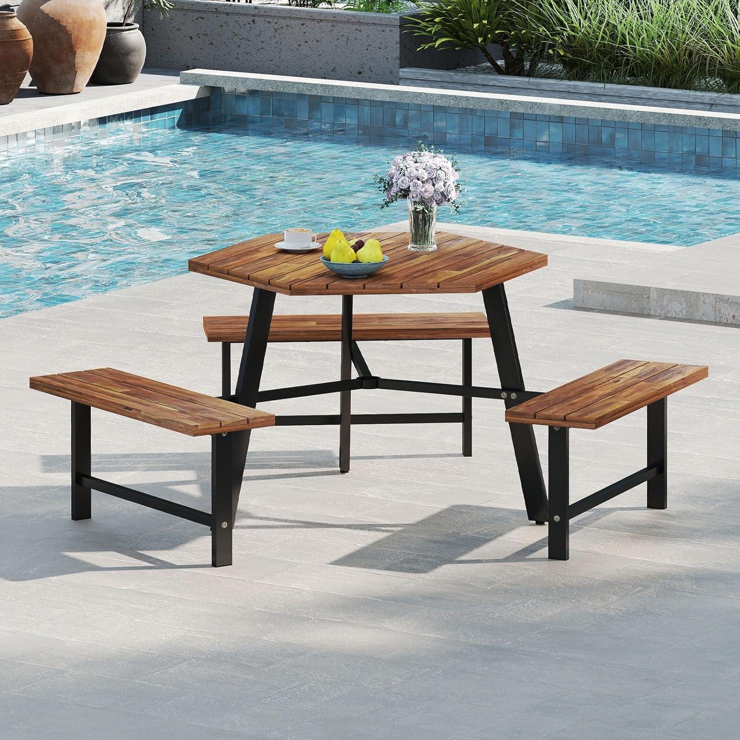 image:imageGiantex 45FT Picnic Table Bench Set for 4 Acacia Wood Outdoor Dining Table Set 2 Umbrella Hole Heavy Duty Metal Frame Footrest Bar Large Rectangular Tabletop for Porch Patio Lawn GardenHexagonal