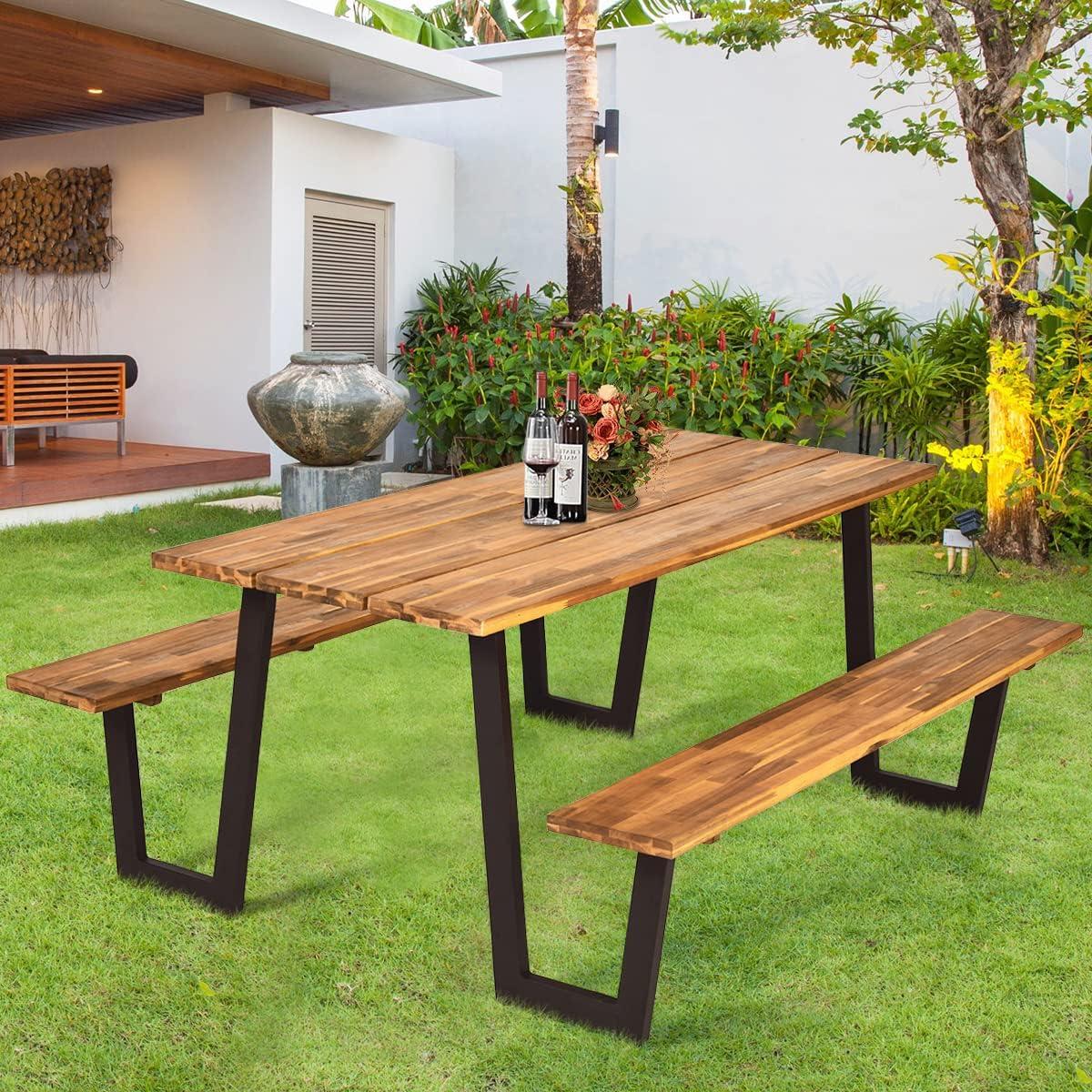image:imageGiantex 45FT Picnic Table Bench Set for 4 Acacia Wood Outdoor Dining Table Set 2 Umbrella Hole Heavy Duty Metal Frame Footrest Bar Large Rectangular Tabletop for Porch Patio Lawn GardenRectangular