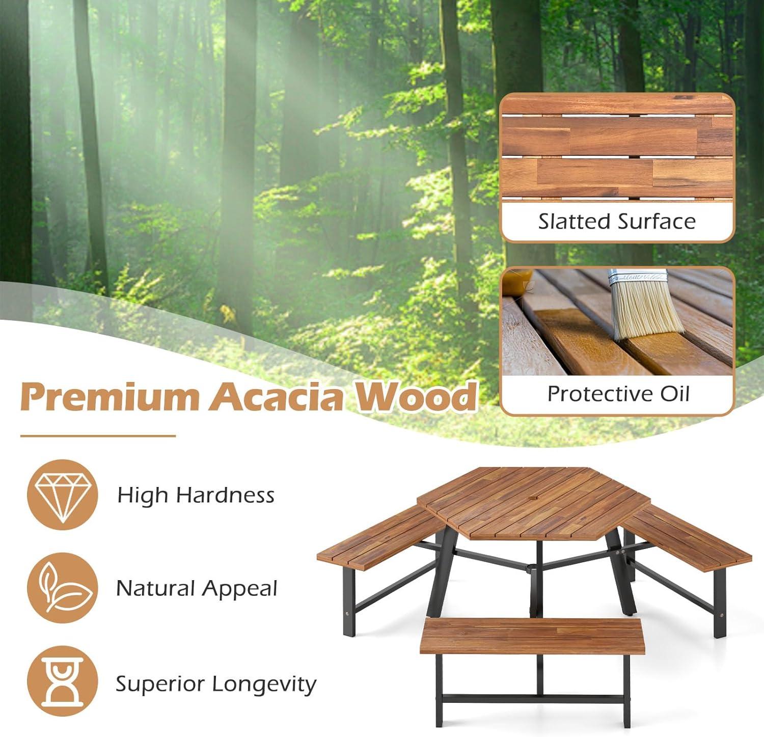 image:imageGiantex 45FT Picnic Table Bench Set for 4 Acacia Wood Outdoor Dining Table Set 2 Umbrella Hole Heavy Duty Metal Frame Footrest Bar Large Rectangular Tabletop for Porch Patio Lawn GardenHexagonal