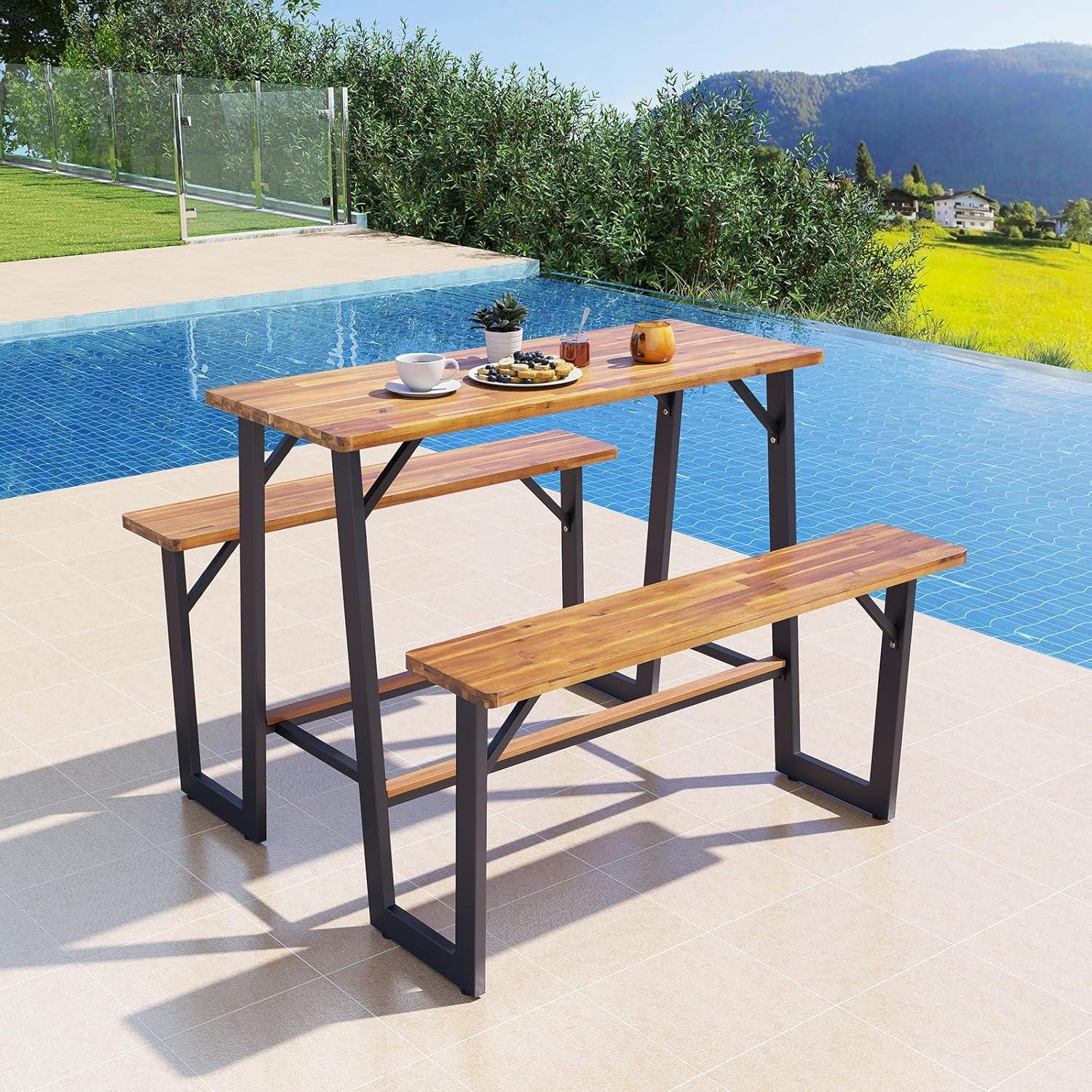 image:imageGiantex 45FT Picnic Table Bench Set for 4 Acacia Wood Outdoor Dining Table Set 2 Umbrella Hole Heavy Duty Metal Frame Footrest Bar Large Rectangular Tabletop for Porch Patio Lawn GardenRectangular