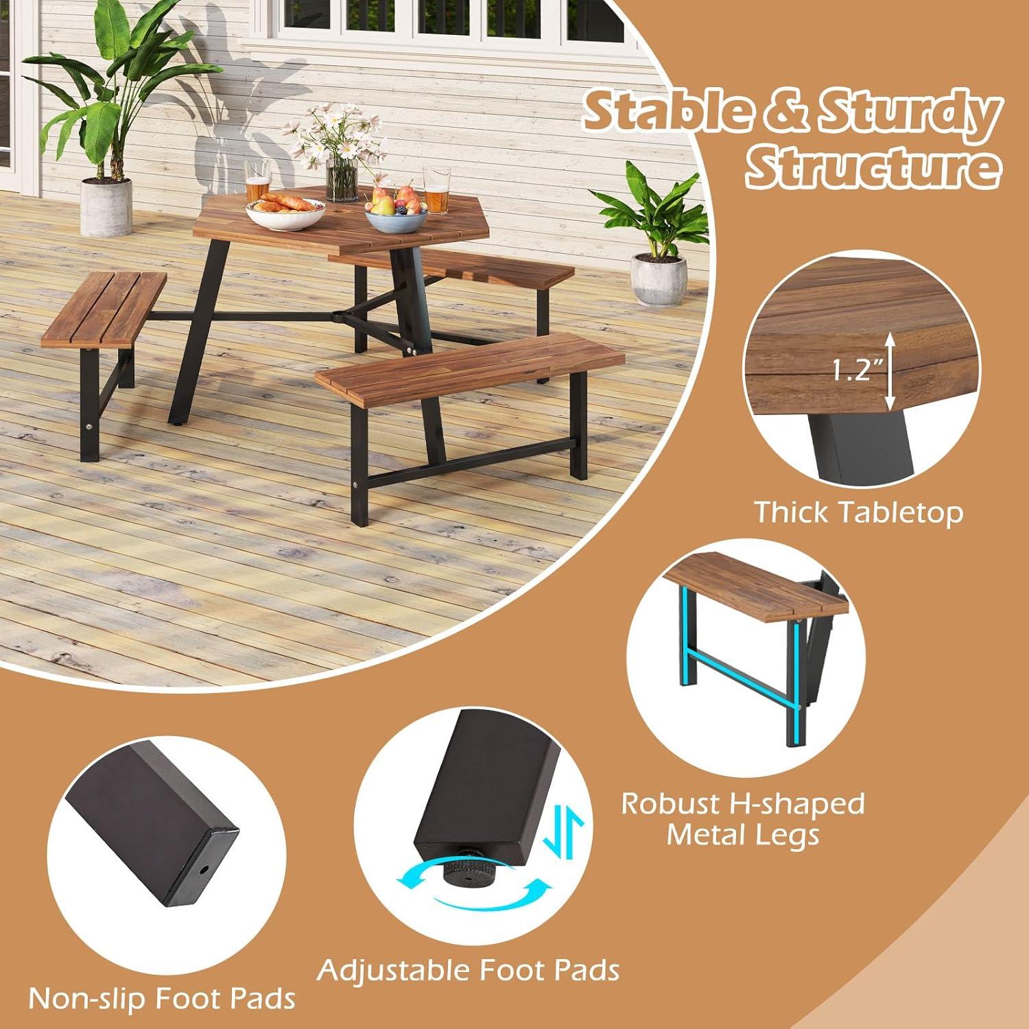 image:imageGiantex 45FT Picnic Table Bench Set for 4 Acacia Wood Outdoor Dining Table Set 2 Umbrella Hole Heavy Duty Metal Frame Footrest Bar Large Rectangular Tabletop for Porch Patio Lawn GardenHexagonal