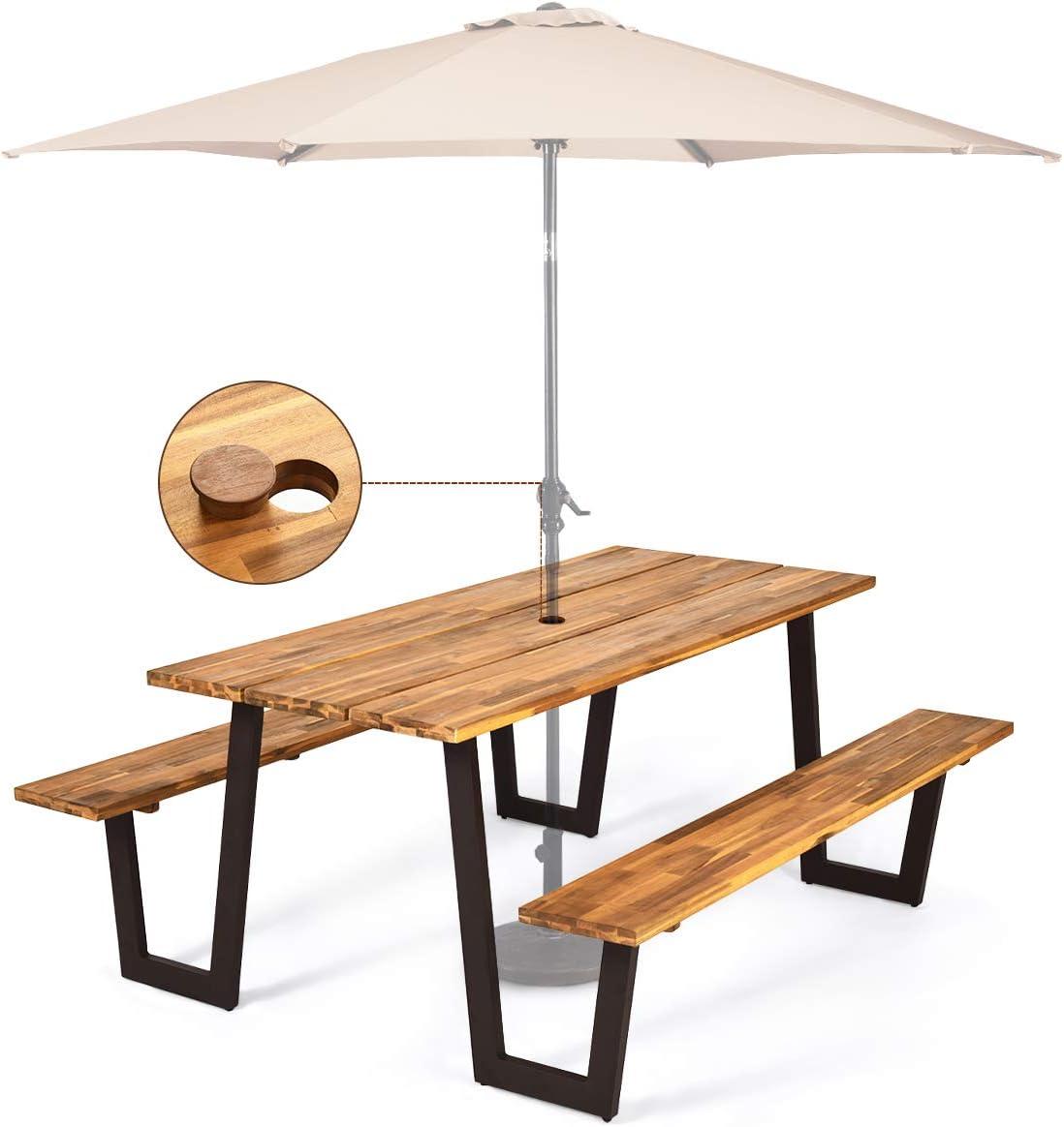 image:imageGiantex 45FT Picnic Table Bench Set for 4 Acacia Wood Outdoor Dining Table Set 2 Umbrella Hole Heavy Duty Metal Frame Footrest Bar Large Rectangular Tabletop for Porch Patio Lawn GardenRectangular