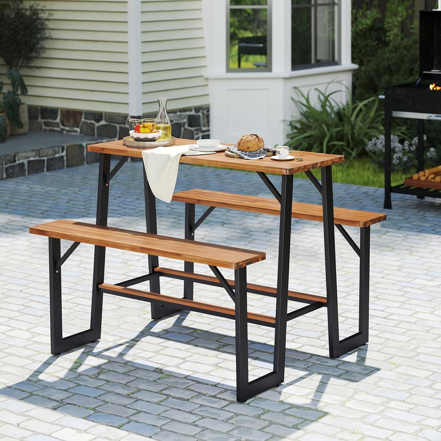 image:imageGiantex 45FT Picnic Table Bench Set for 4 Acacia Wood Outdoor Dining Table Set 2 Umbrella Hole Heavy Duty Metal Frame Footrest Bar Large Rectangular Tabletop for Porch Patio Lawn GardenRectangular