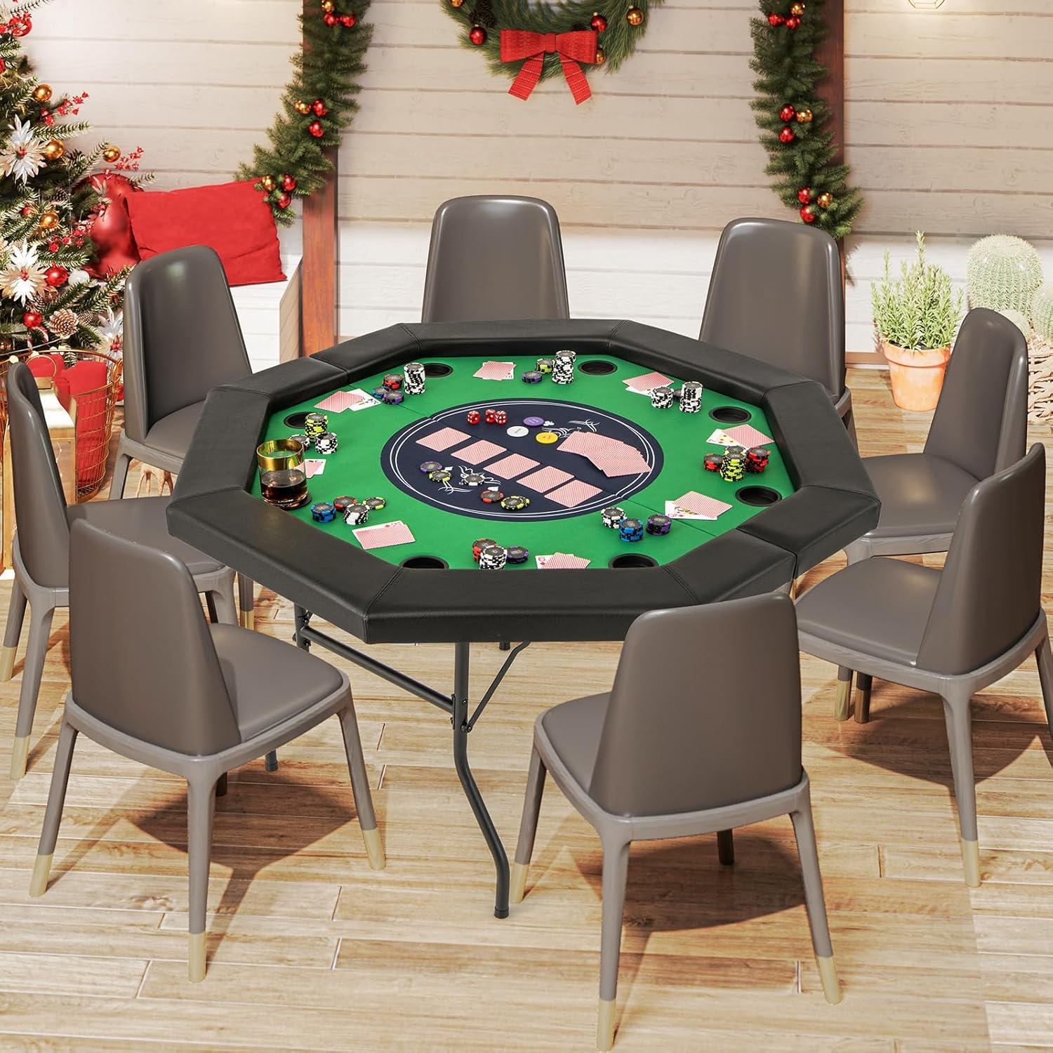 image:imageGiantex 48 Poker Table Foldable 8 Player Octagon Texas Holdem Poker Tables w 8 Cup Holders CasinoGrade Felt Surface Padded Rails Portable Folding Card Game Table for Blackjack GreenBlackGreenblack