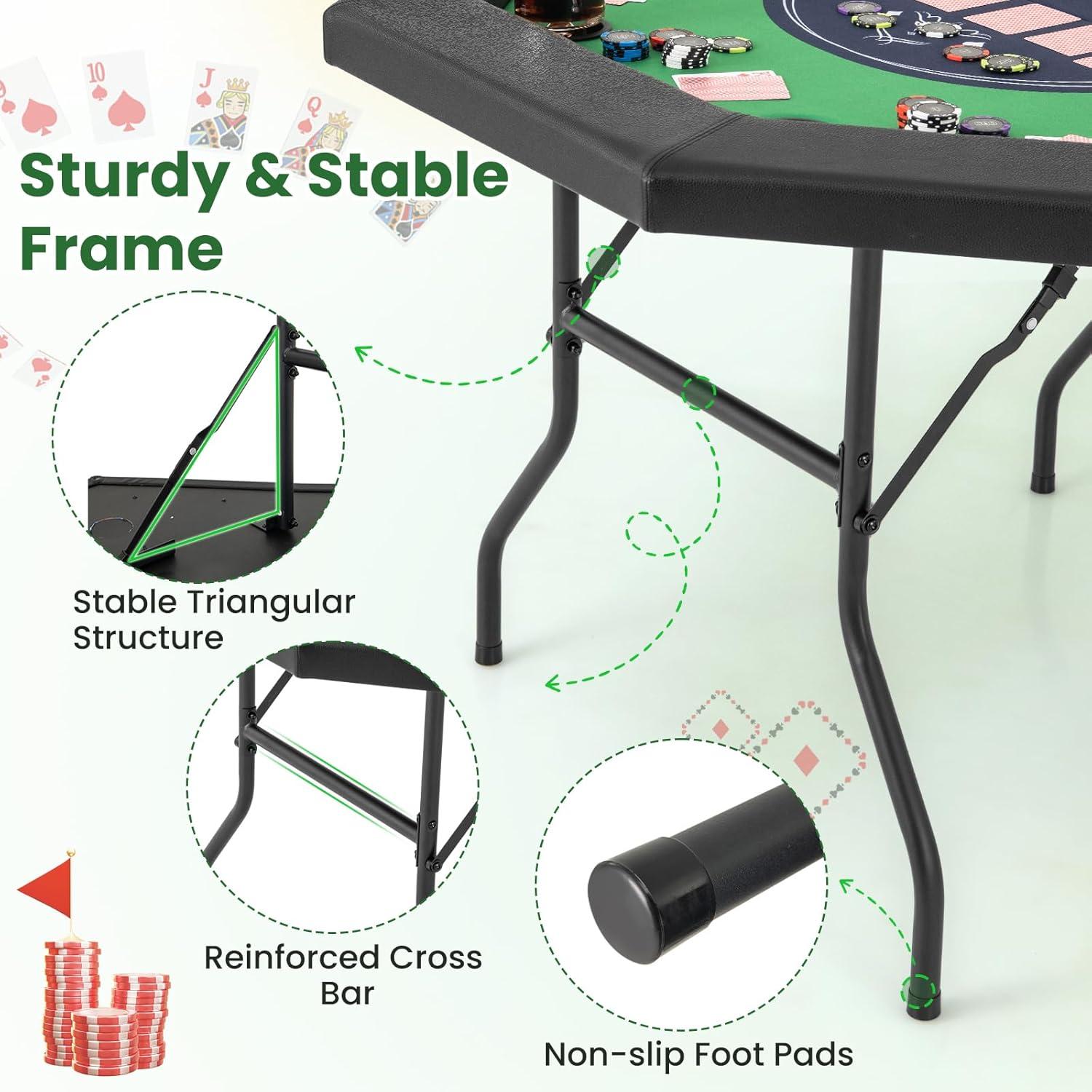 image:imageGiantex 48 Poker Table Foldable 8 Player Octagon Texas Holdem Poker Tables w 8 Cup Holders CasinoGrade Felt Surface Padded Rails Portable Folding Card Game Table for Blackjack GreenBlackGreenblack