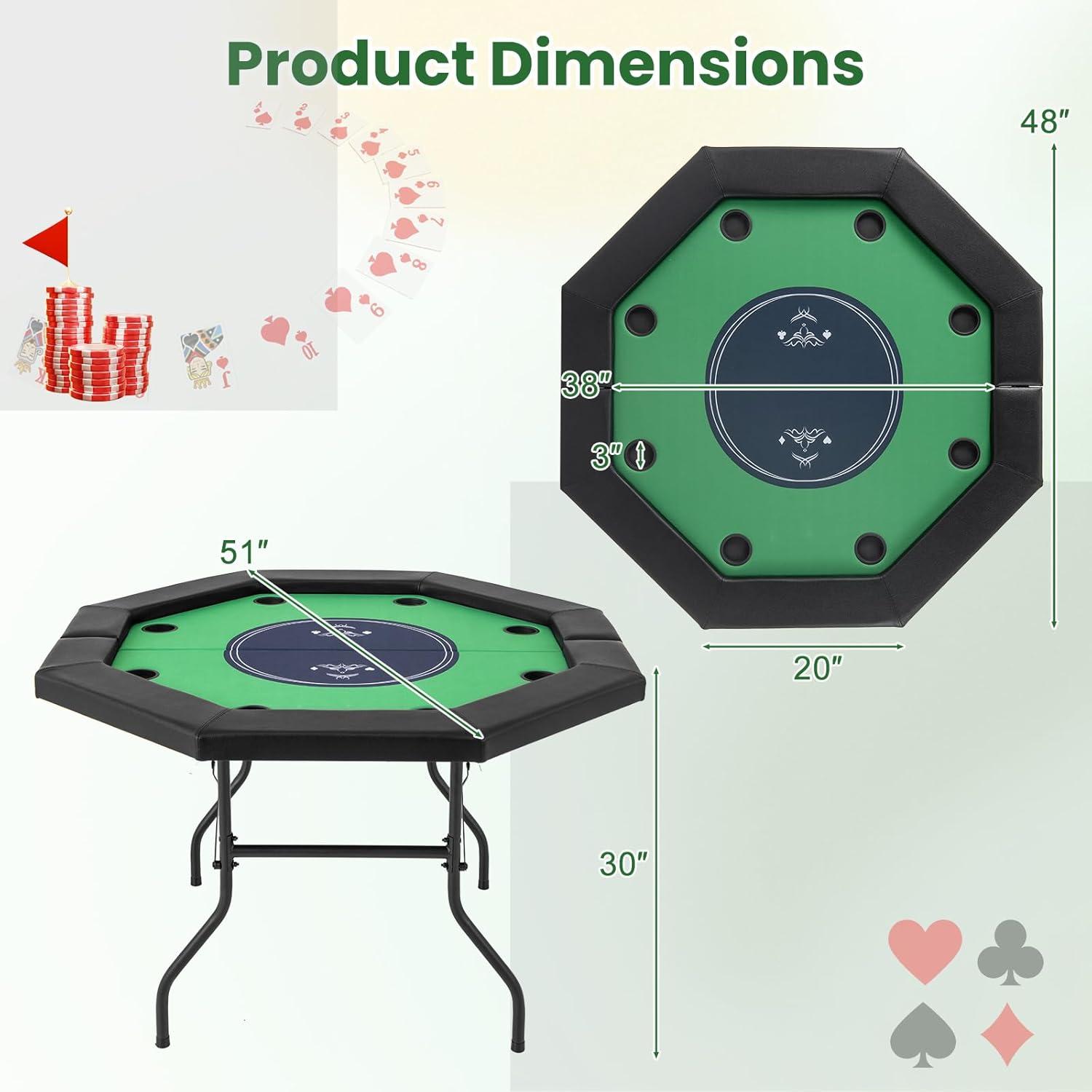 image:imageGiantex 48 Poker Table Foldable 8 Player Octagon Texas Holdem Poker Tables w 8 Cup Holders CasinoGrade Felt Surface Padded Rails Portable Folding Card Game Table for Blackjack GreenBlackGreenblack