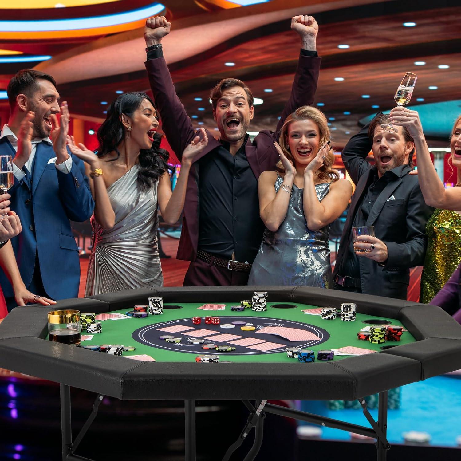 image:imageGiantex 48 Poker Table Foldable 8 Player Octagon Texas Holdem Poker Tables w 8 Cup Holders CasinoGrade Felt Surface Padded Rails Portable Folding Card Game Table for Blackjack GreenBlackGreenblack