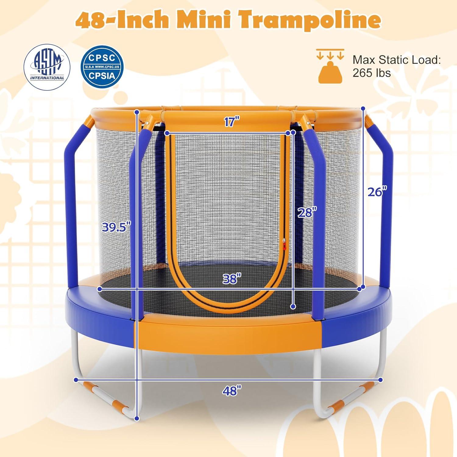 image:imageGiantex 48 Trampoline for Kids Toddler Trampoline with Safety Enclosure Net Max Load 265 Lbs Outdoor Mini Trampoline with Net for Kids Indoor Small Trampoline Gifts for Boys Girls Aged 36Blue Orange