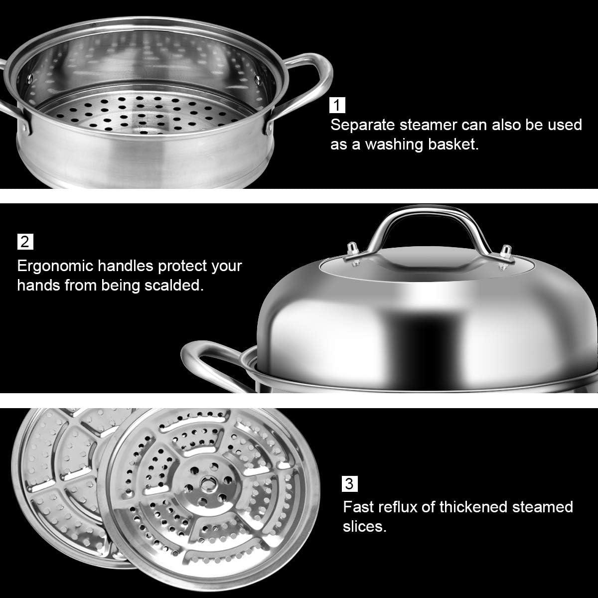 image:imageGiantex 4Layer Stainless Steel Steamer Pot for Cooking Soup and Steaming Food Steam Pot with with Tempered Glass Lid 2 Steaming Septa on Gas Electric Grill Stove Silver