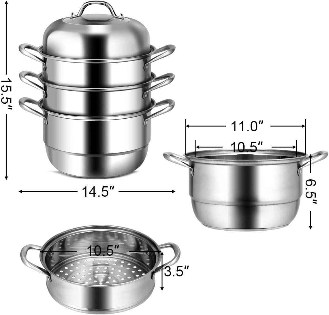 image:imageGiantex 4Layer Stainless Steel Steamer Pot for Cooking Soup and Steaming Food Steam Pot with with Tempered Glass Lid 2 Steaming Septa on Gas Electric Grill Stove Silver
