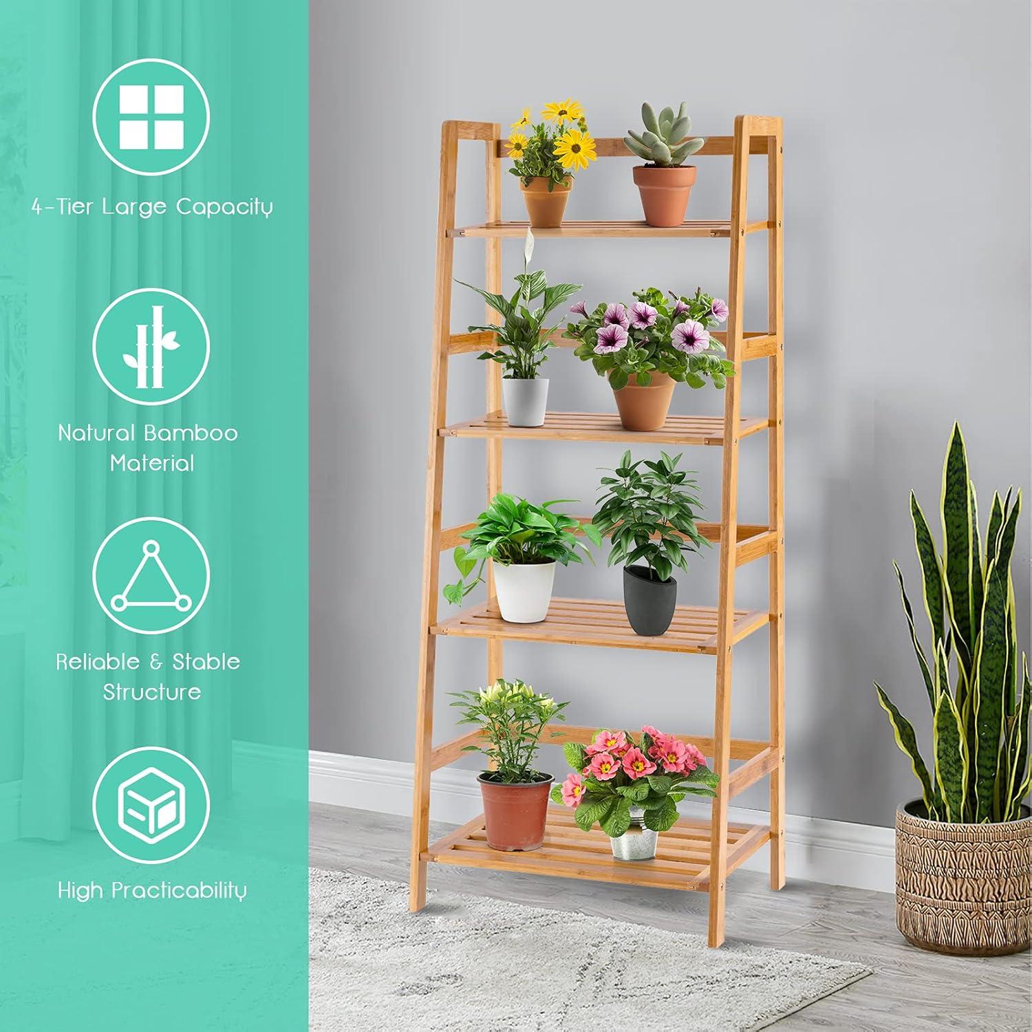image:imageGiantex 4Tier Bamboo Plant Stand Flower Pots Holder Display Shelf 475inch Ladder Shelf Plants Organizer Rack for Patio Balcony Garden Home Bookcase Planter Storage Shelving Unit Indoor Outdoor