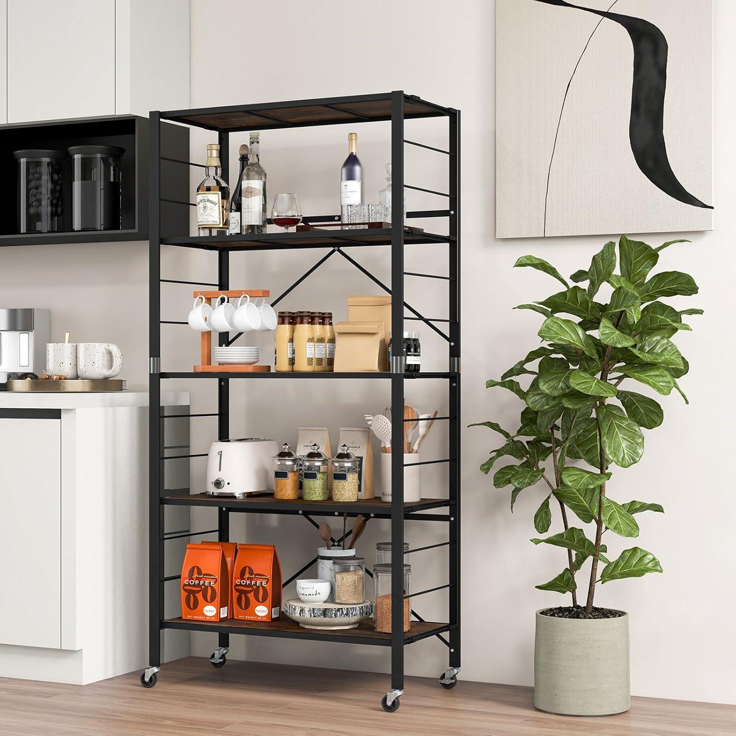 image:imageGiantex 4Tier Folding Storage Shelf of 2 Collapsible Shelving Unit with Lockable Wheels amp Adjustable Shelf HeavyDuty Organizer on Wheels Storage Rack for Tool Room Garage Kitchen2