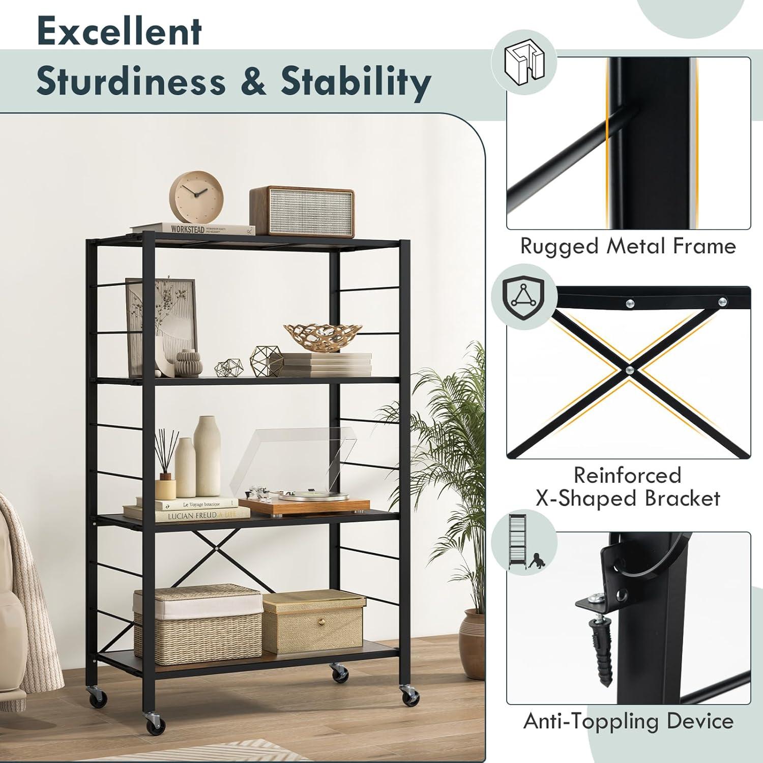 image:imageGiantex 4Tier Folding Storage Shelf of 2 Collapsible Shelving Unit with Lockable Wheels amp Adjustable Shelf HeavyDuty Organizer on Wheels Storage Rack for Tool Room Garage Kitchen2