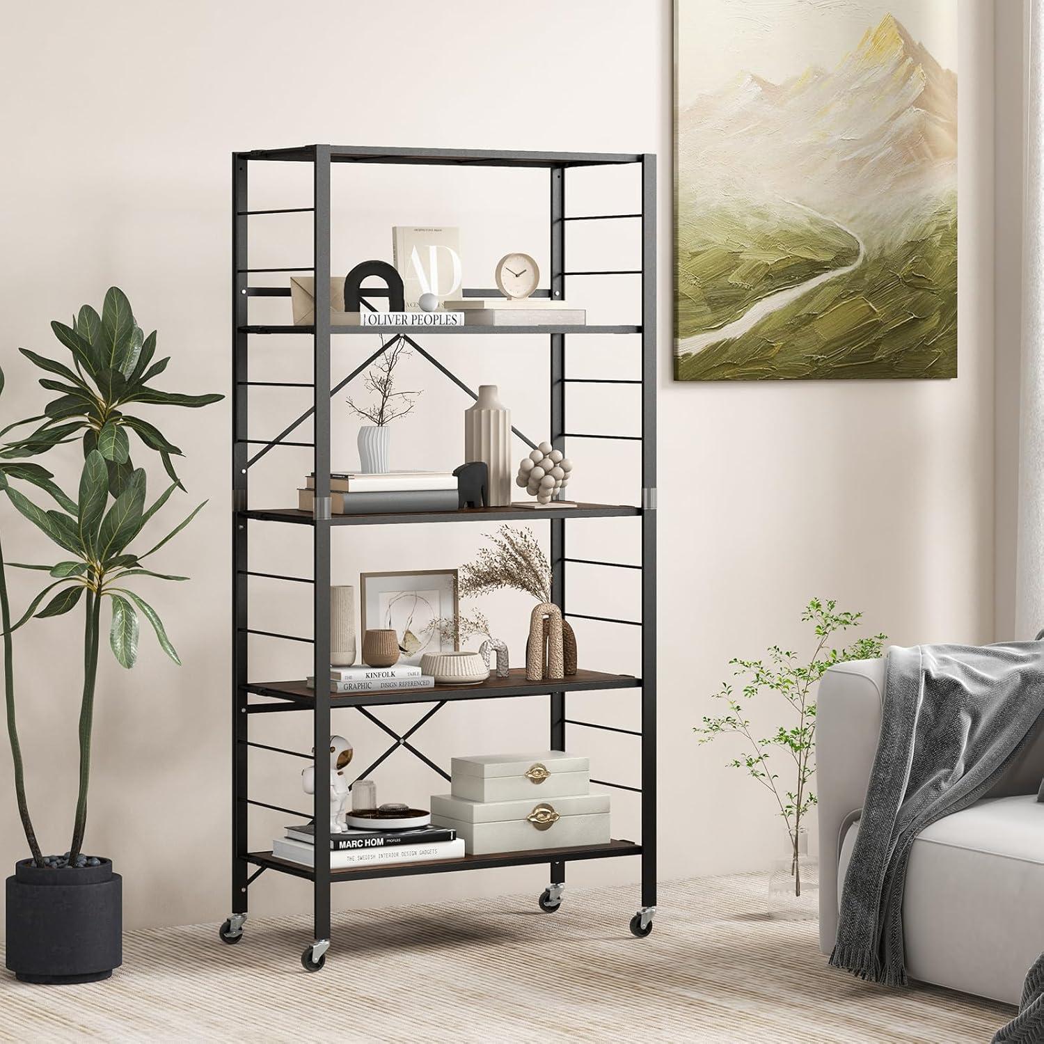 image:imageGiantex 4Tier Folding Storage Shelf of 2 Collapsible Shelving Unit with Lockable Wheels amp Adjustable Shelf HeavyDuty Organizer on Wheels Storage Rack for Tool Room Garage Kitchen2