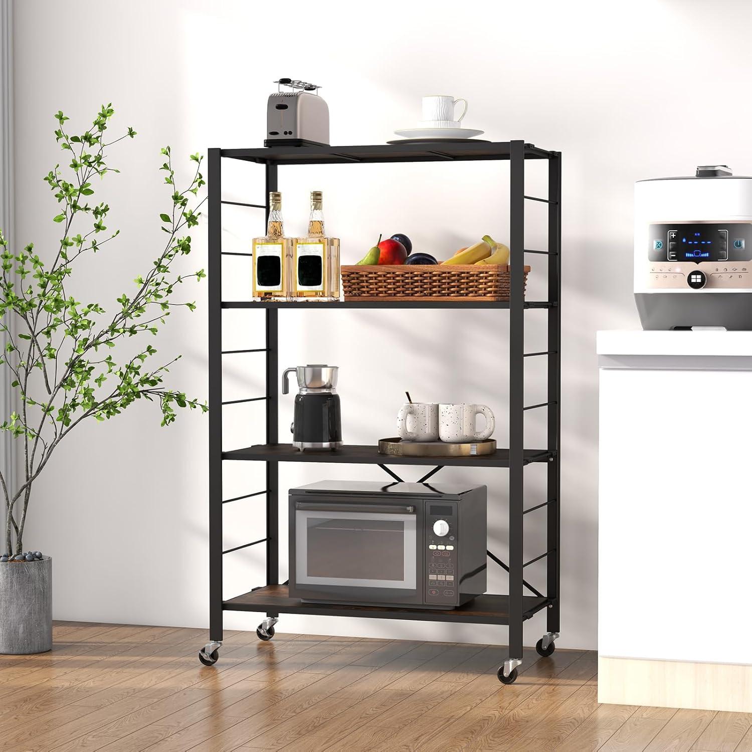 image:imageGiantex 4Tier Folding Storage Shelf of 2 Collapsible Shelving Unit with Lockable Wheels amp Adjustable Shelf HeavyDuty Organizer on Wheels Storage Rack for Tool Room Garage Kitchen2