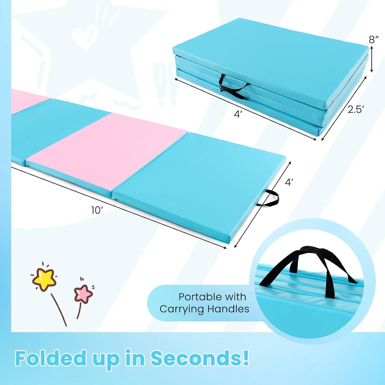 image:imageGiantex 4x10x 2 Gymnastics Mat 4Panel Folding Aerobics Exercise Mat wHook amp Loop Fastener Carrying Handle Portable Tumbling Mat for Stretching Yoga Cheerleading Martial ArtsBluePink