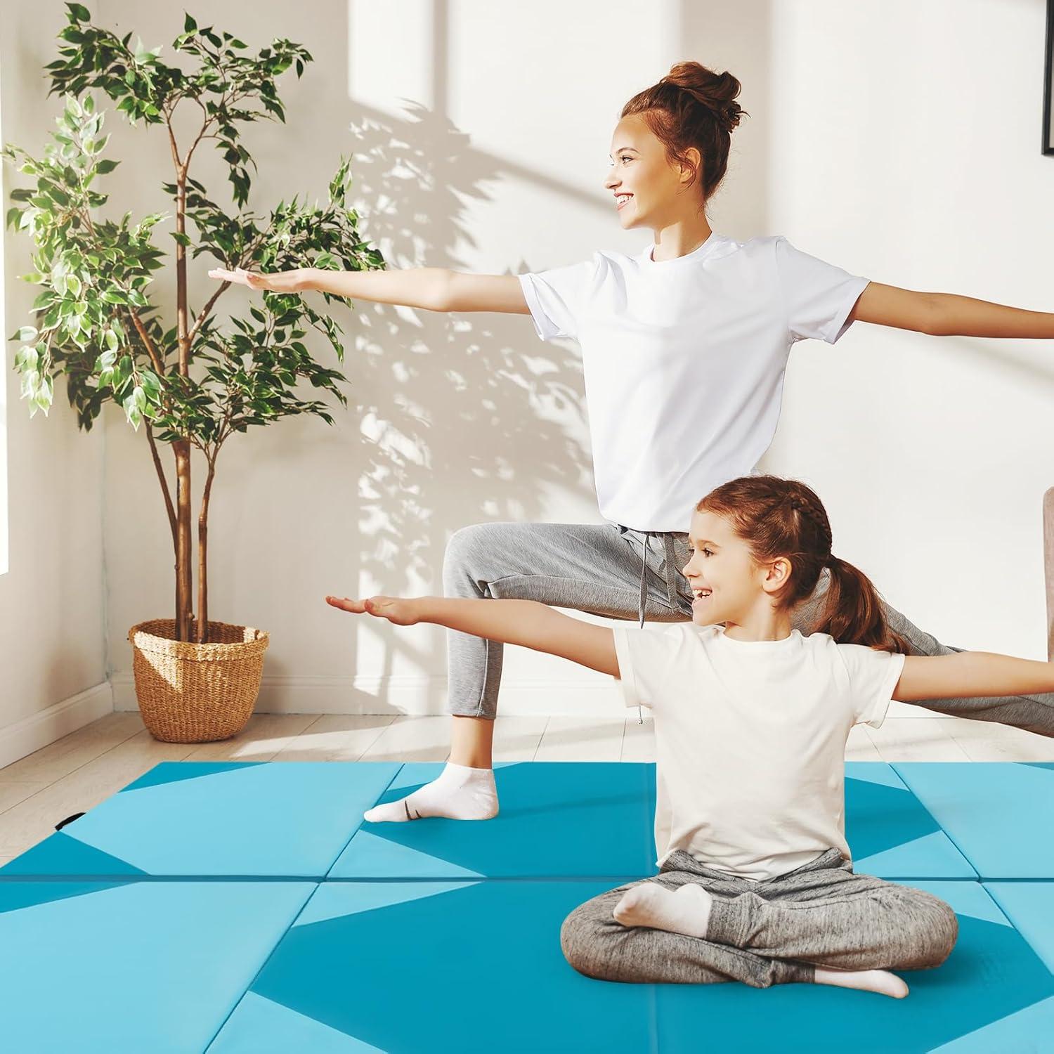 image:imageGiantex 4x10x 2 Gymnastics Mat 4Panel Folding Aerobics Exercise Mat wHook amp Loop Fastener Carrying Handle Portable Tumbling Mat for Stretching Yoga Cheerleading Martial ArtsLight BlueBlue