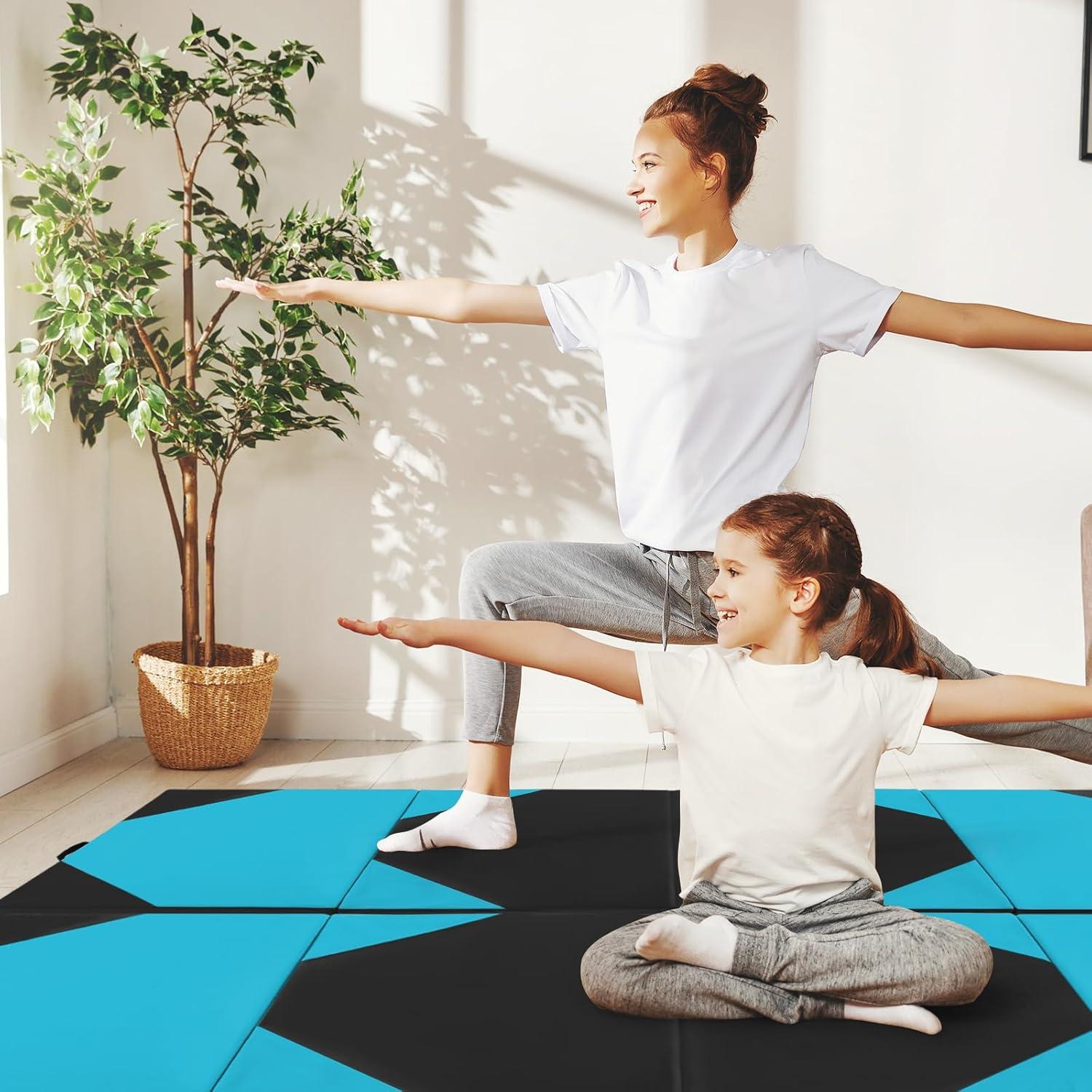image:imageGiantex 4x10x 2 Gymnastics Mat 4Panel Folding Aerobics Exercise Mat wHook amp Loop Fastener Carrying Handle Portable Tumbling Mat for Stretching Yoga Cheerleading Martial ArtsBlueBlack