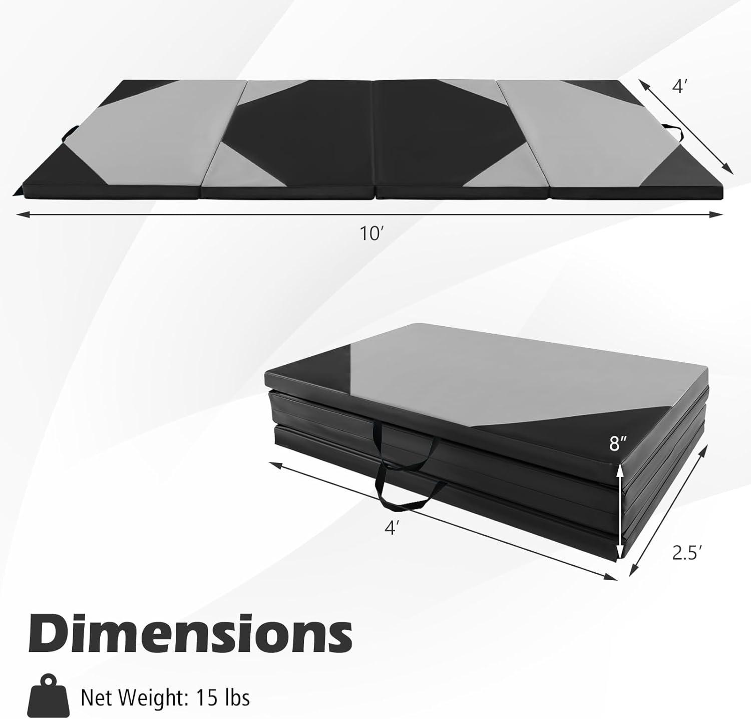 image:imageGiantex 4x10x 2 Gymnastics Mat 4Panel Folding Aerobics Exercise Mat wHook amp Loop Fastener Carrying Handle Portable Tumbling Mat for Stretching Yoga Cheerleading Martial ArtsGreyBlack
