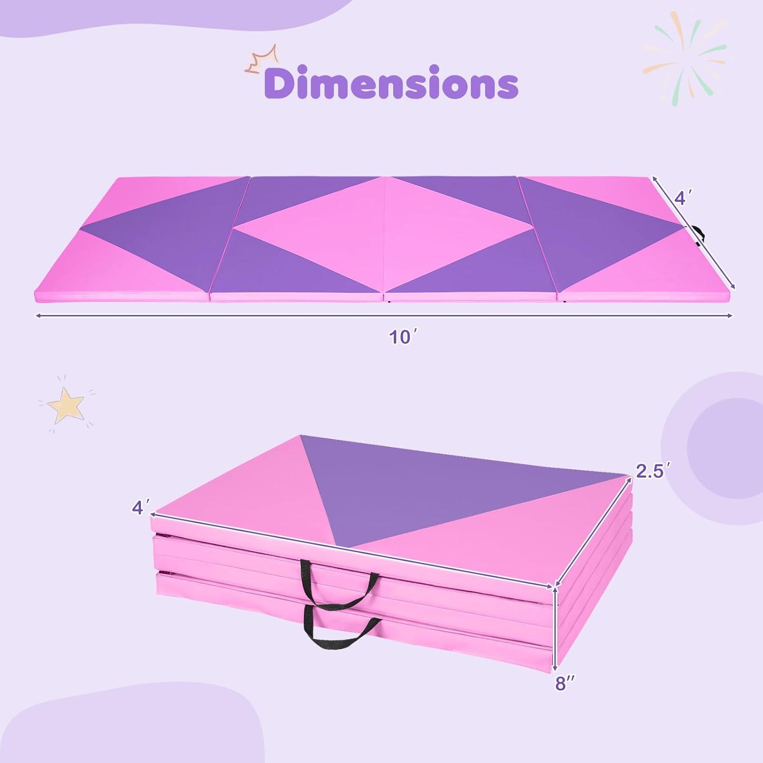 image:imageGiantex 4x10x 2 Gymnastics Mat 4Panel Folding Aerobics Exercise Mat wHook amp Loop Fastener Carrying Handle Portable Tumbling Mat for Stretching Yoga Cheerleading Martial ArtsPinkPurple