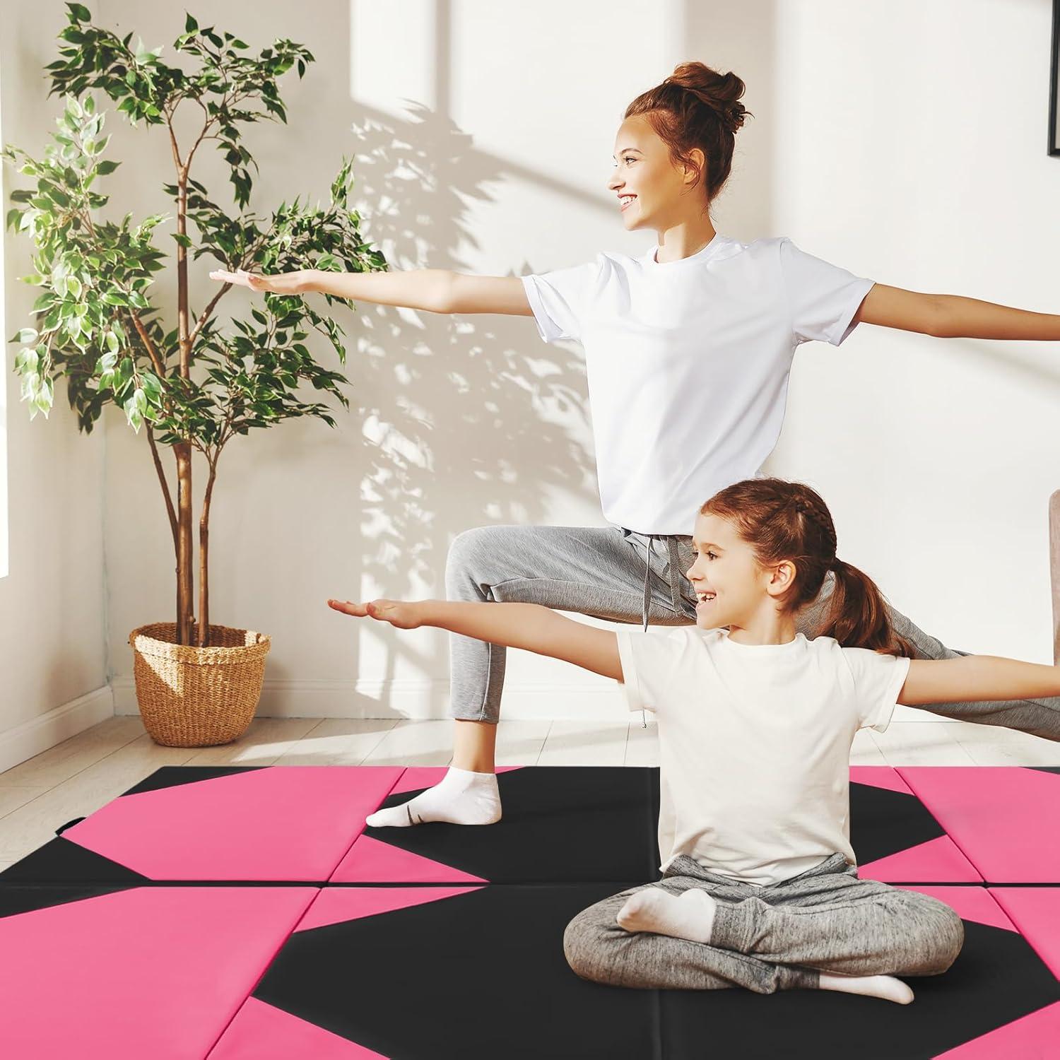 image:imageGiantex 4x10x 2 Gymnastics Mat 4Panel Folding Aerobics Exercise Mat wHook amp Loop Fastener Carrying Handle Portable Tumbling Mat for Stretching Yoga Cheerleading Martial ArtsRoseBlack