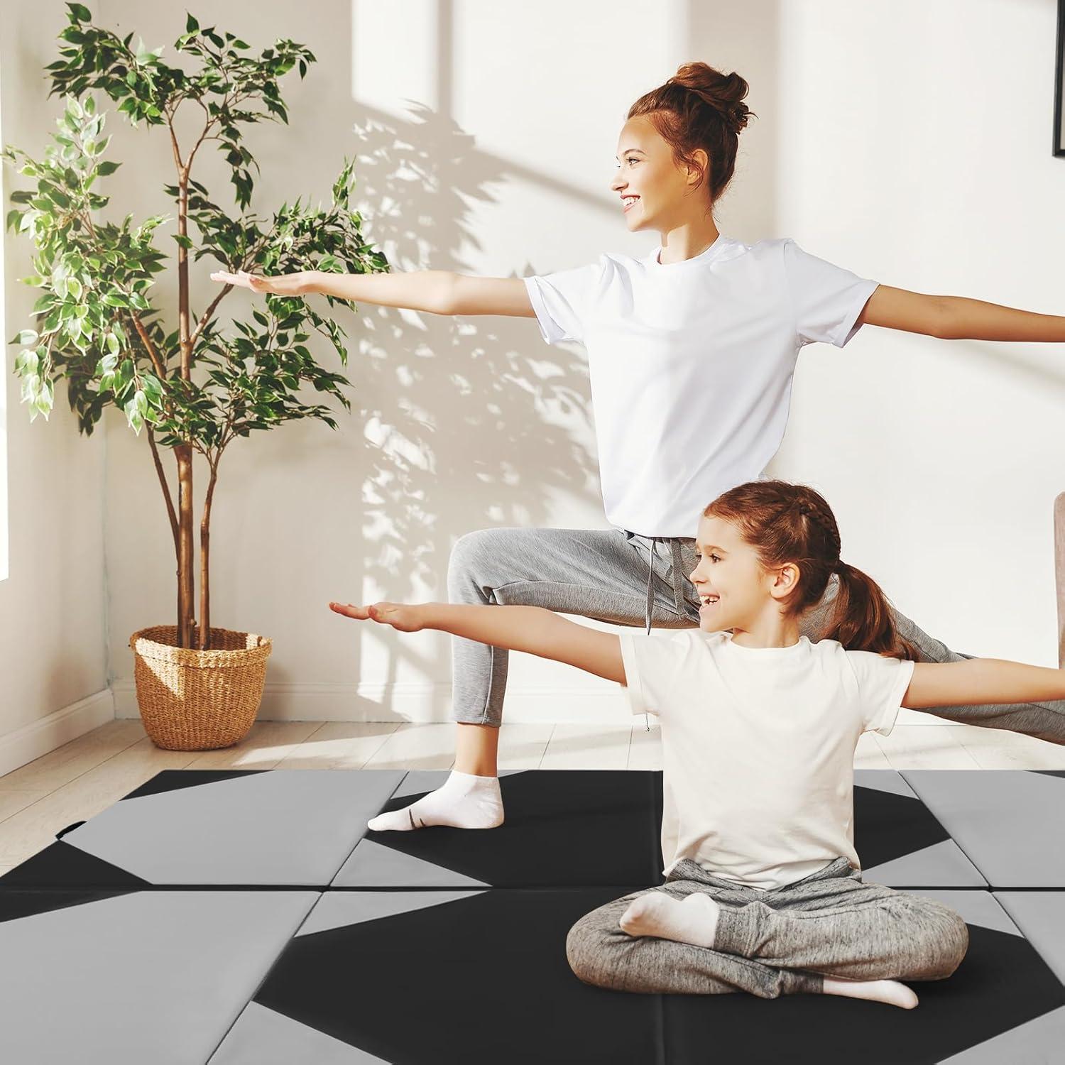 image:imageGiantex 4x10x 2 Gymnastics Mat 4Panel Folding Aerobics Exercise Mat wHook amp Loop Fastener Carrying Handle Portable Tumbling Mat for Stretching Yoga Cheerleading Martial ArtsGreyBlack