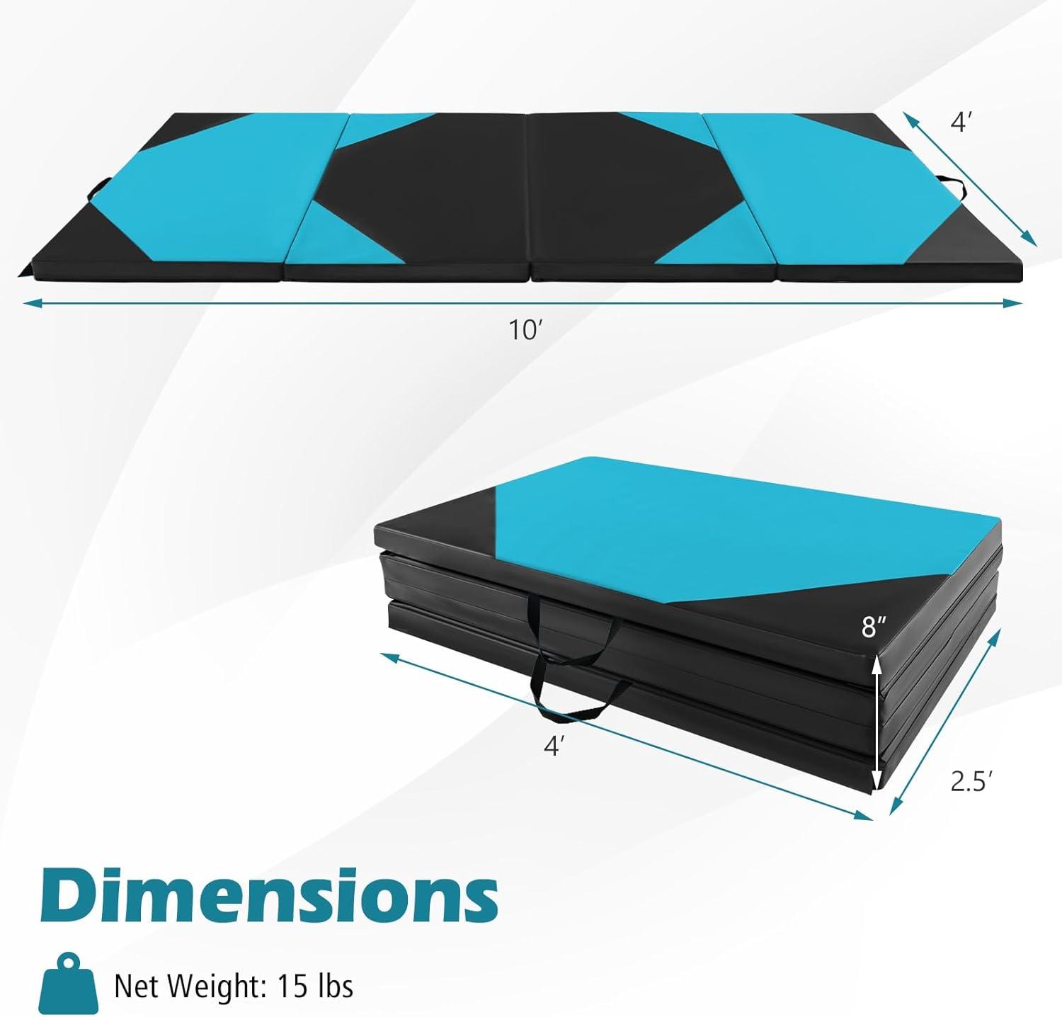 image:imageGiantex 4x10x 2 Gymnastics Mat 4Panel Folding Aerobics Exercise Mat wHook amp Loop Fastener Carrying Handle Portable Tumbling Mat for Stretching Yoga Cheerleading Martial ArtsBlueBlack